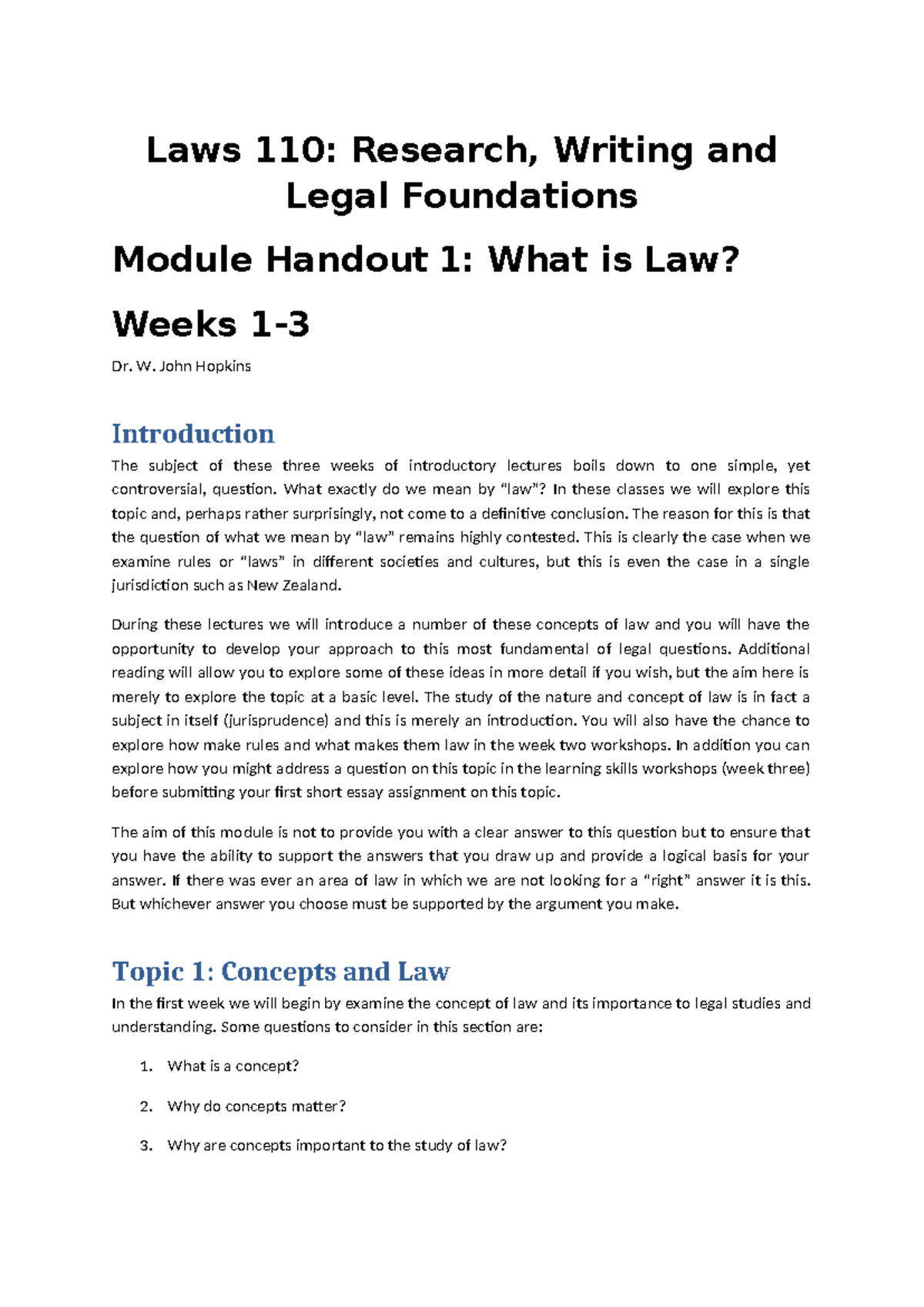 Laws 110: Module 1 Handout - Exploring the Concept of Law - Studocu