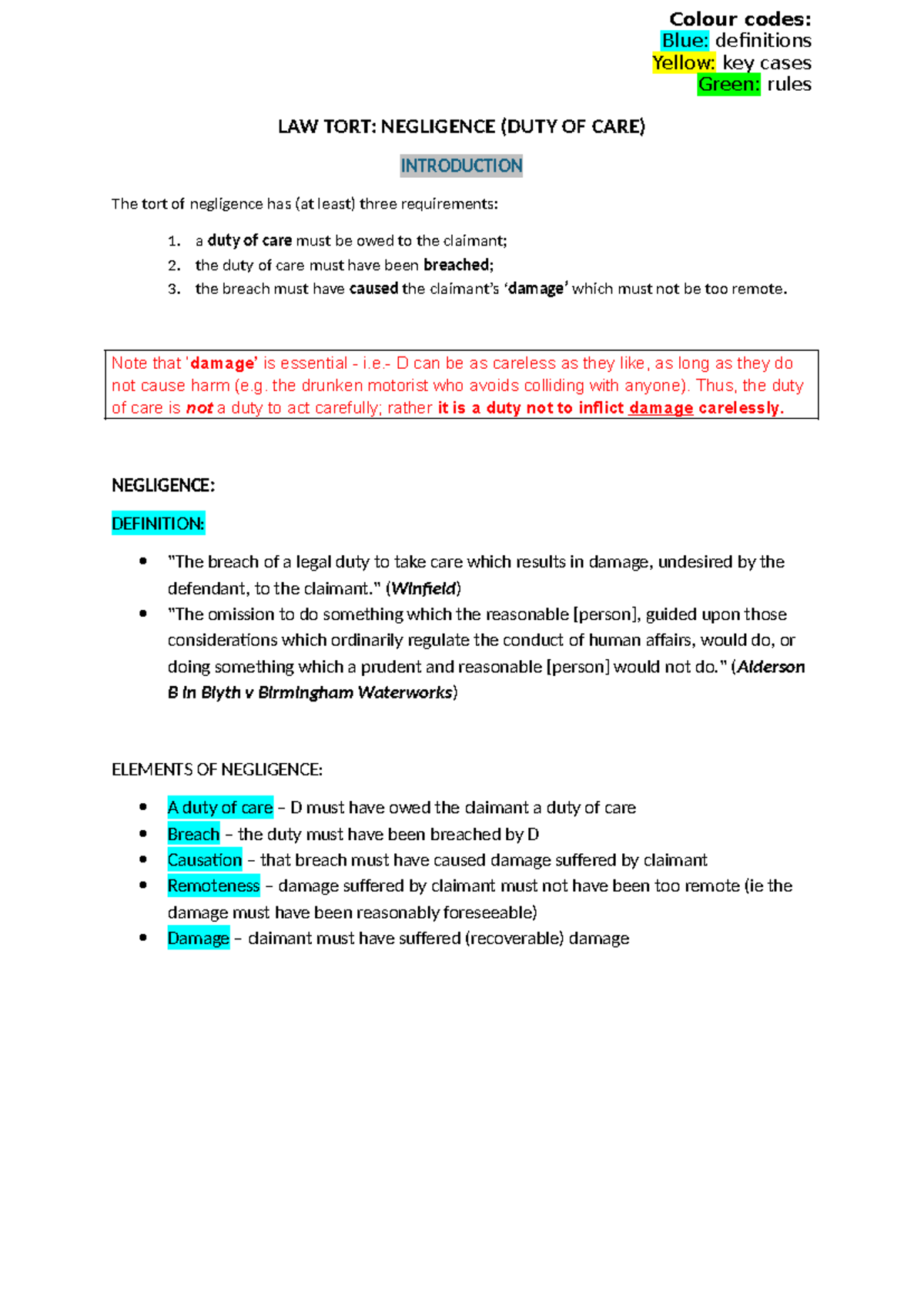 LAW TORT 101: Duty of Care Notes and Key Cases - Studocu