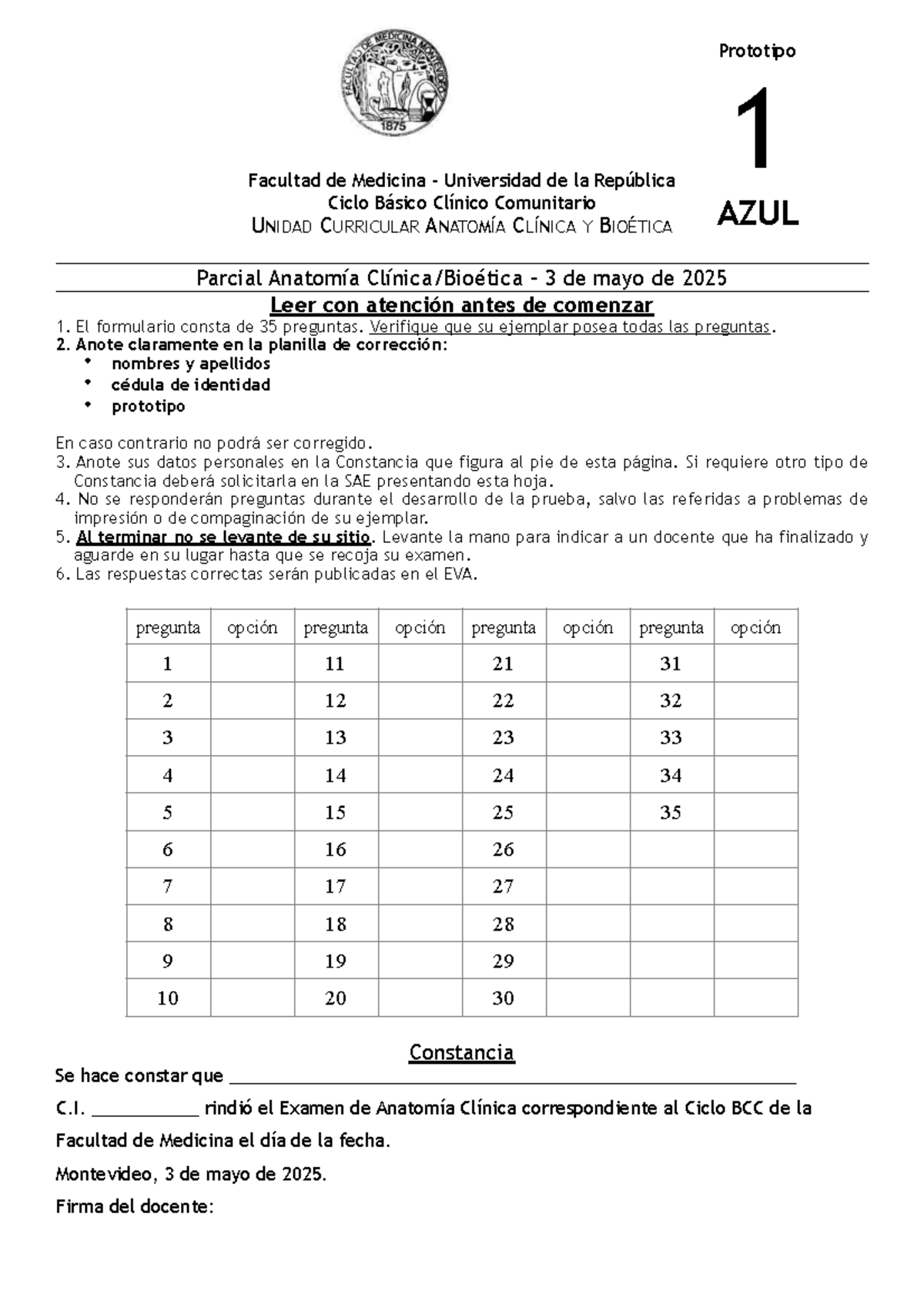 Parcial de Anatomía Clínica y Bioética 1 - Prototipo UNIDAD CURRICULAR 2025 - Document Preview
