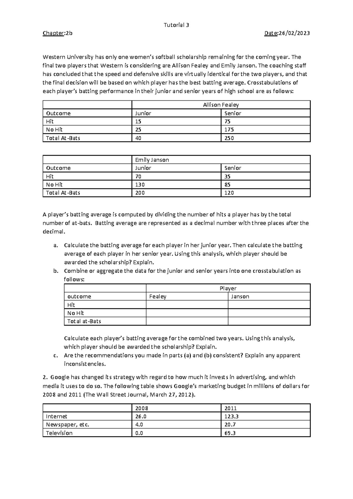 MSTS011 - Tutorial 3: Batting Average Analysis for Scholarship Decision ...