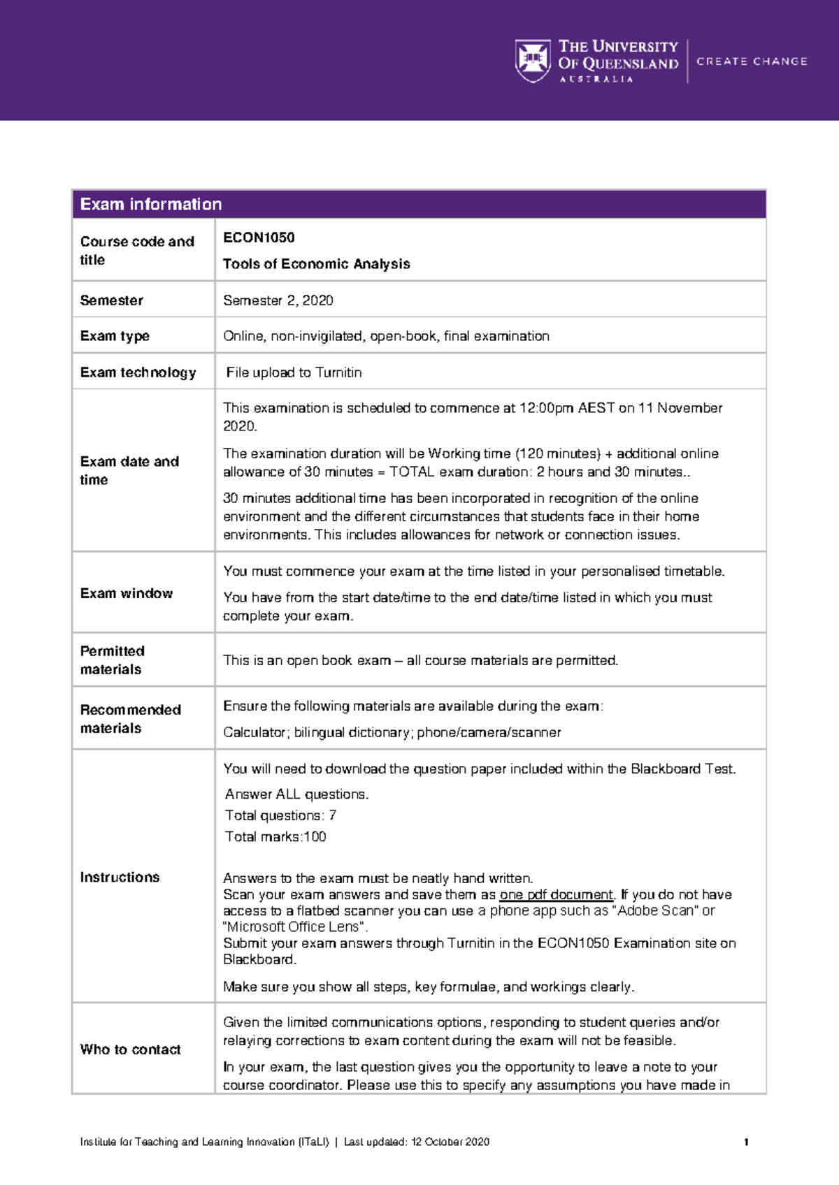ECON1050 Semester 2, 2020 Final Exam Information and Guidelines - Studocu