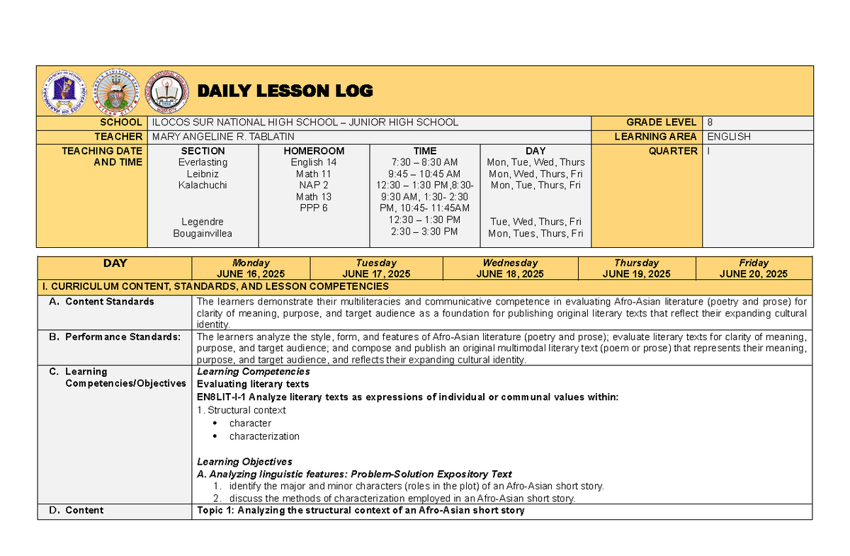 DLL-Q1-W1: Character and Characterization Lesson Plan - MA Tablatin ...