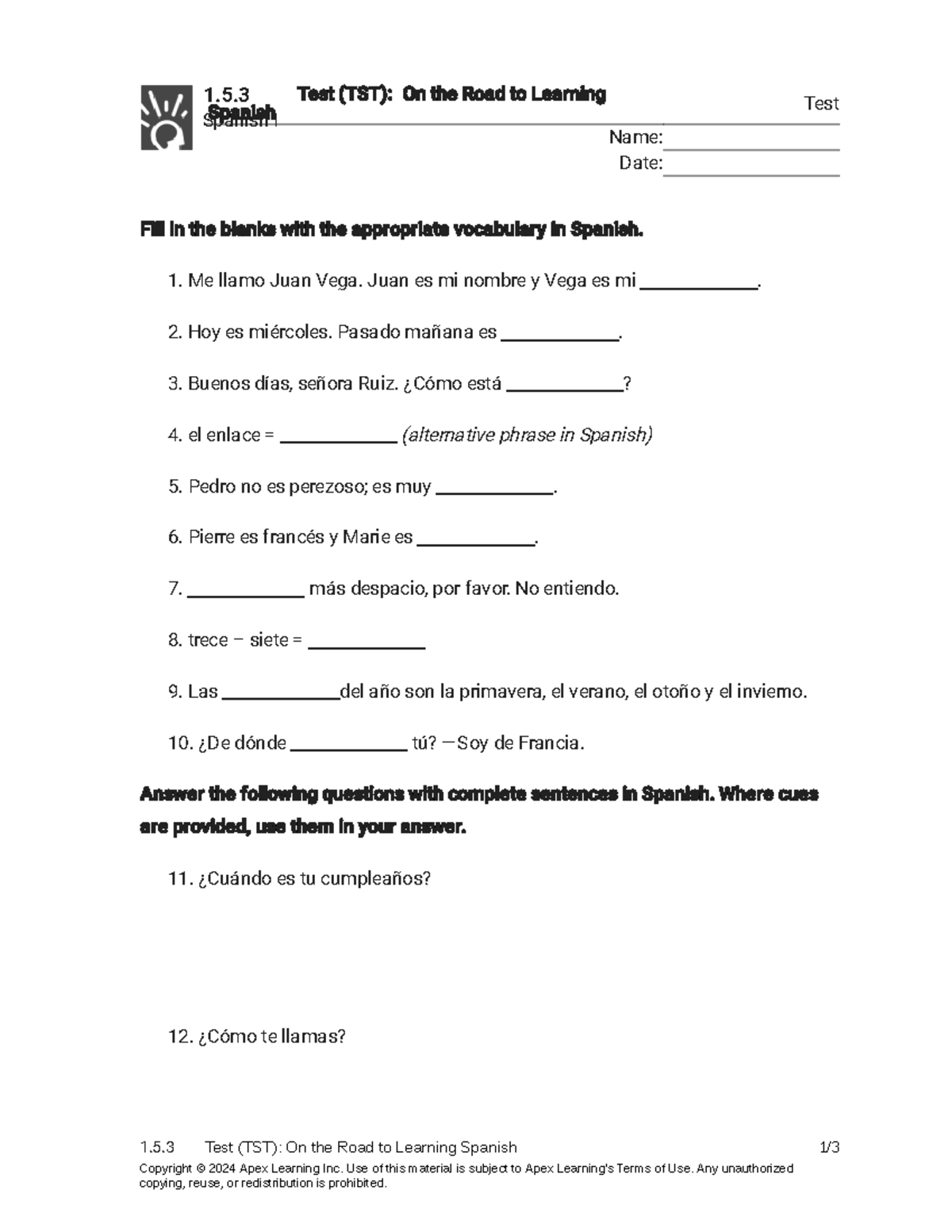 Test (TST): Spanish Learning Vocabulary Assessment and Questions - Studocu