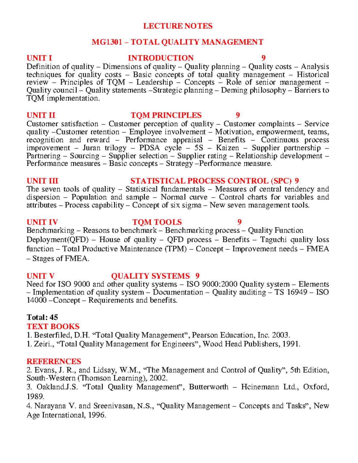 Total Quality Management notes - LECTURE NOTES MG1301 – TOTAL QUALITY ...