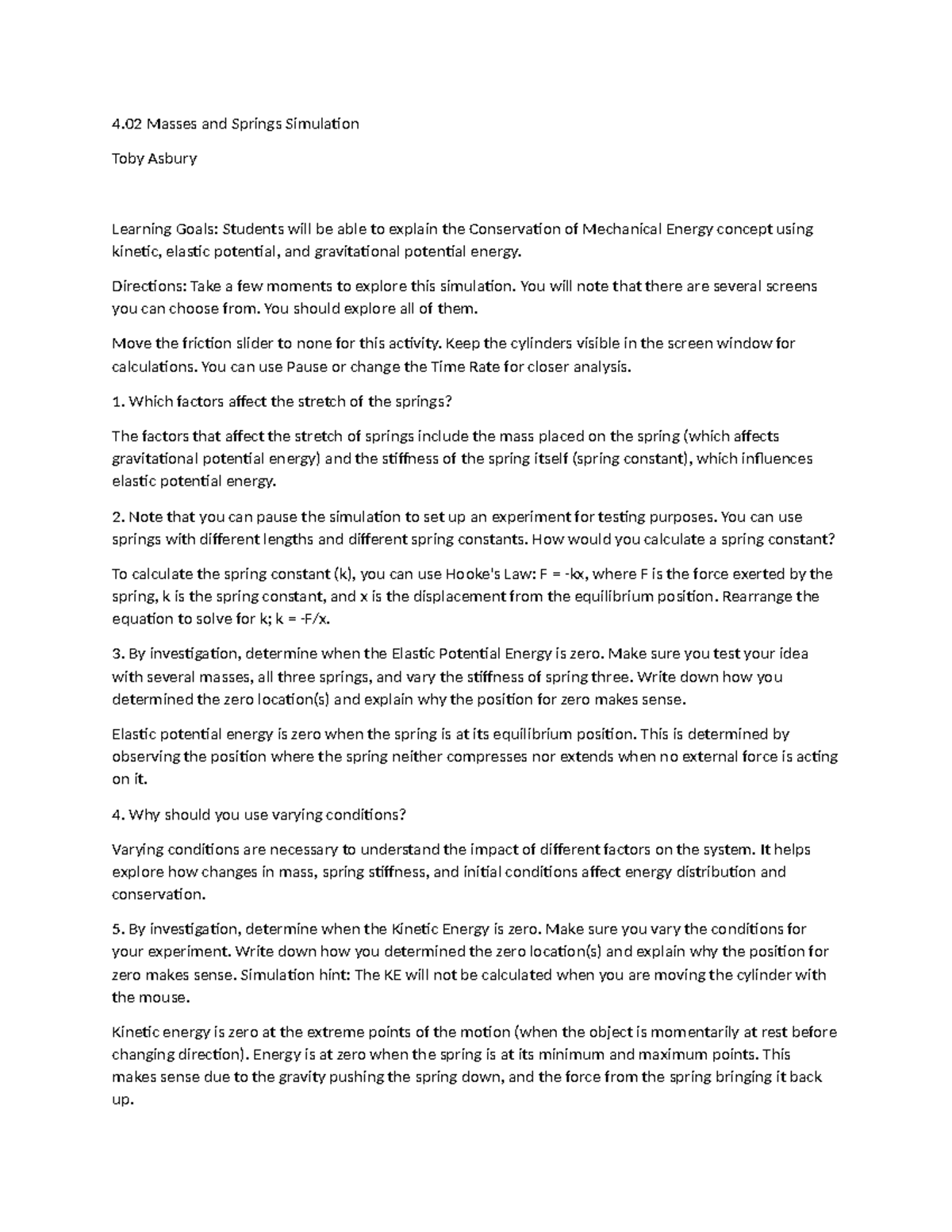 4.02 Masses and Springs Simulation Lab Report and Analysis - Studocu