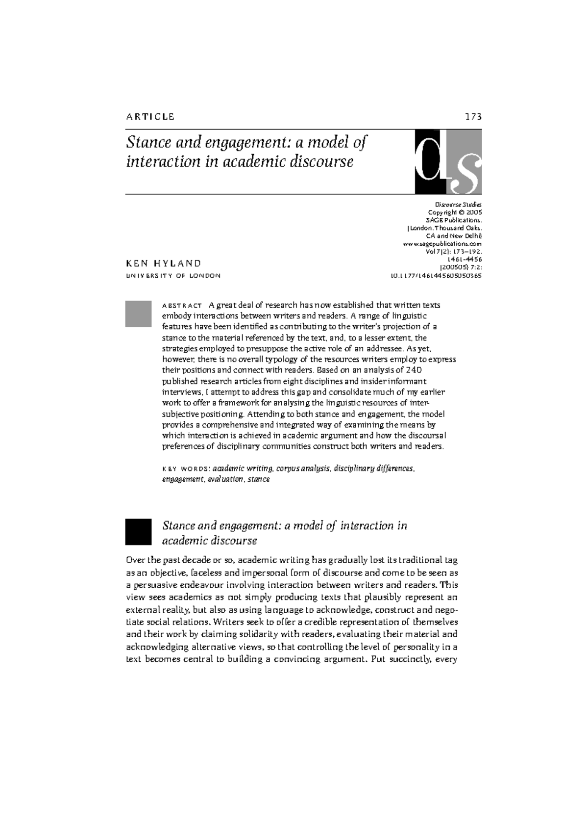 Hyland 2005 stance and engagement a model of interaction in academic ...