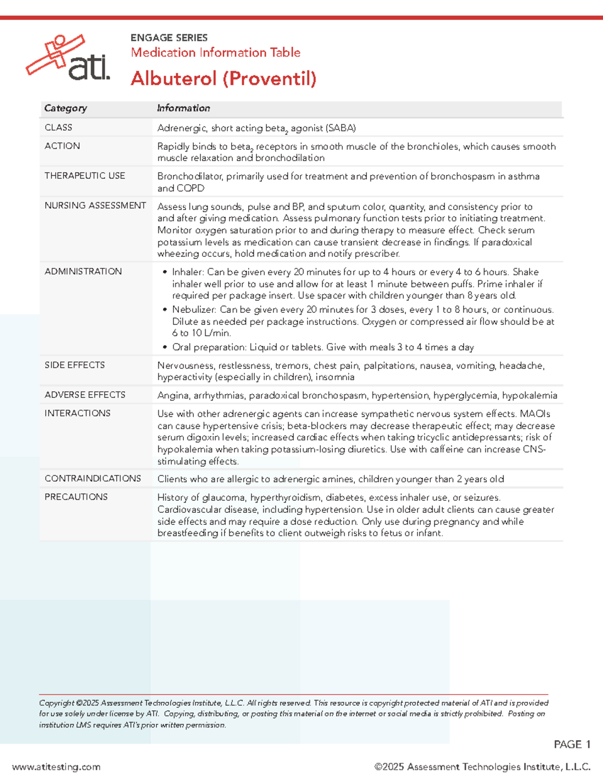 ENGAGE SERIES: Medication Info Table for Albuterol (Proventil) - Studocu