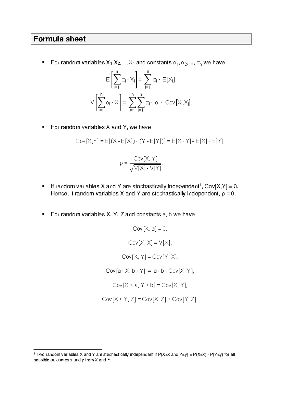 Formula Sheet for Random Variables and Constants - Studeersnel