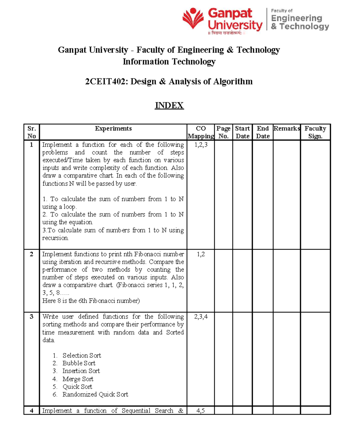 DAA Practical Index for 2CEIT402: Algorithm Design Experiments - Studocu