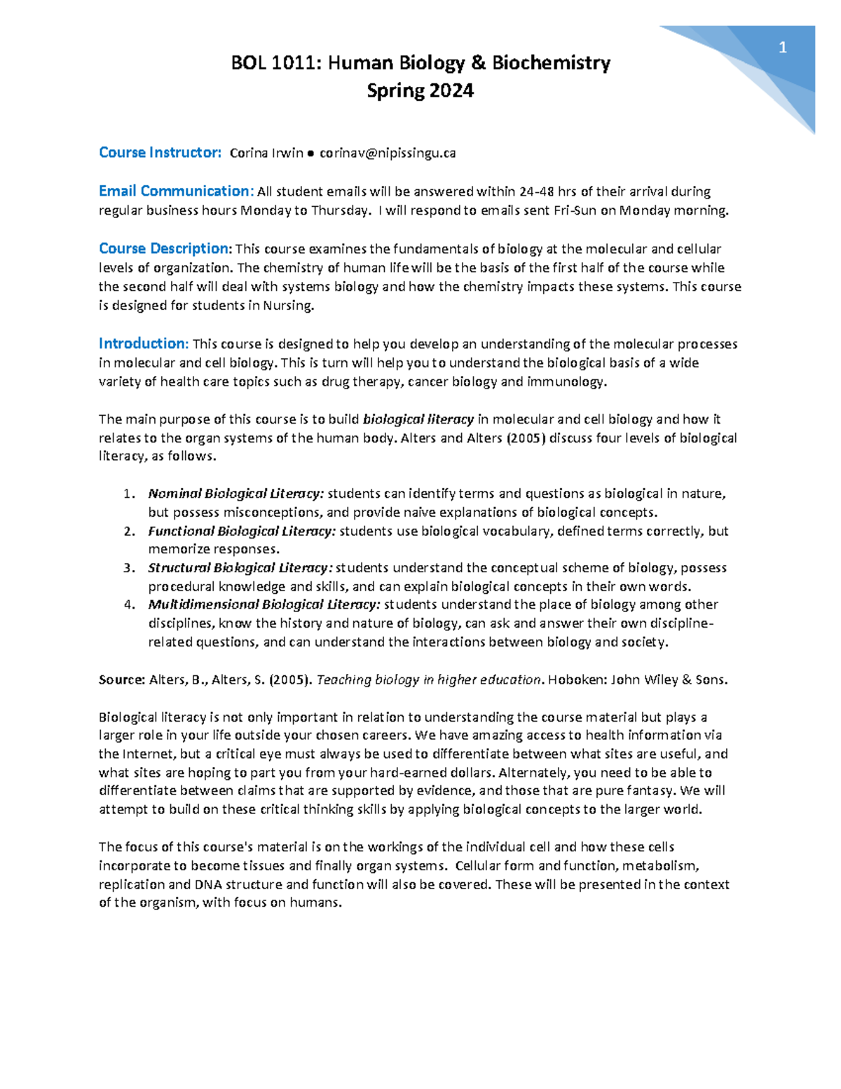 Spring 2024 BIOL 1011 Course Outline: Human Biology & Biochemistry ...