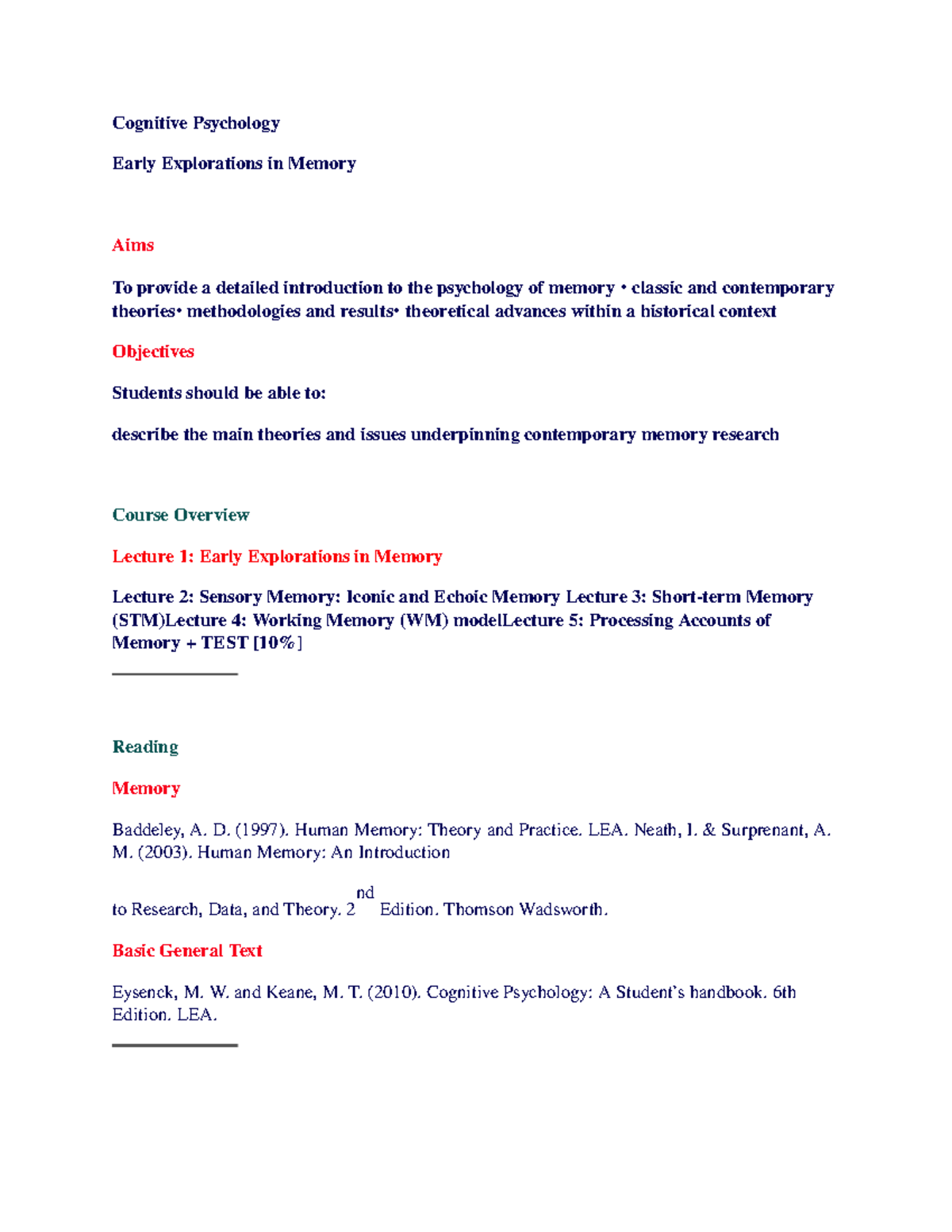 Cognitive Psychology Lecture PS 2002: Early Memory Explorations - Studocu