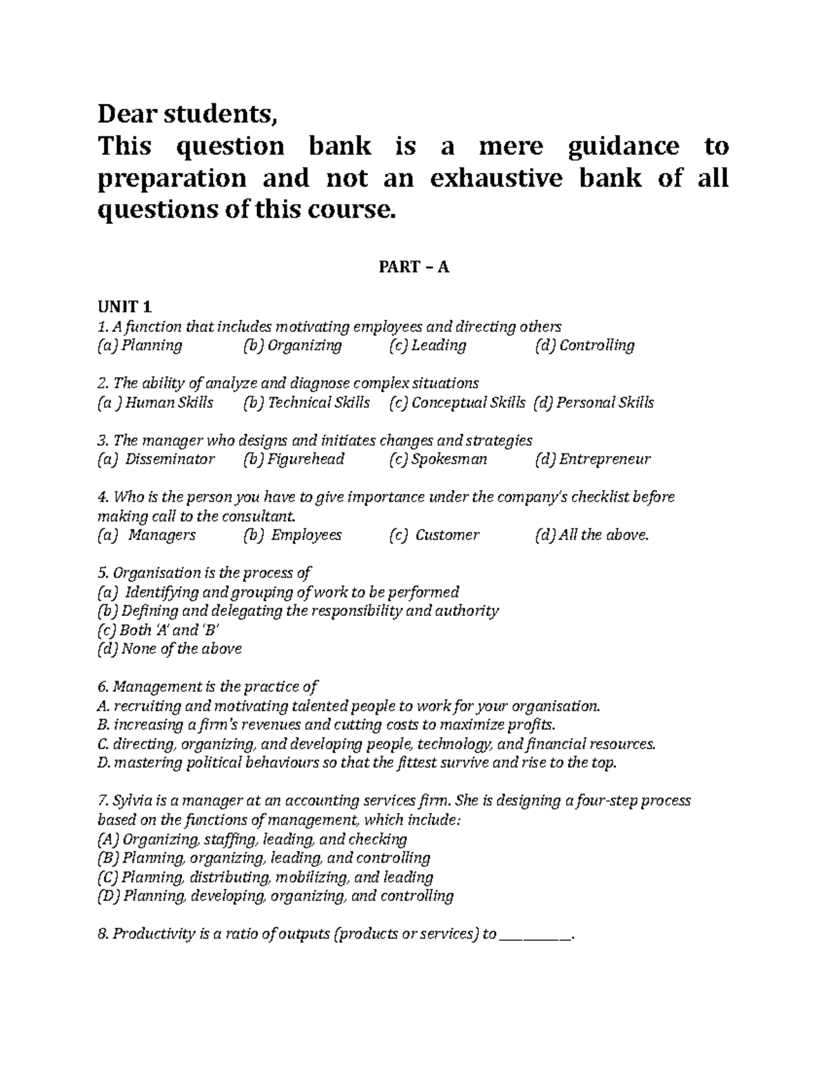 MPE lesson 1 MCQ - bvjvvdf - Dear students, This question bank is a ...