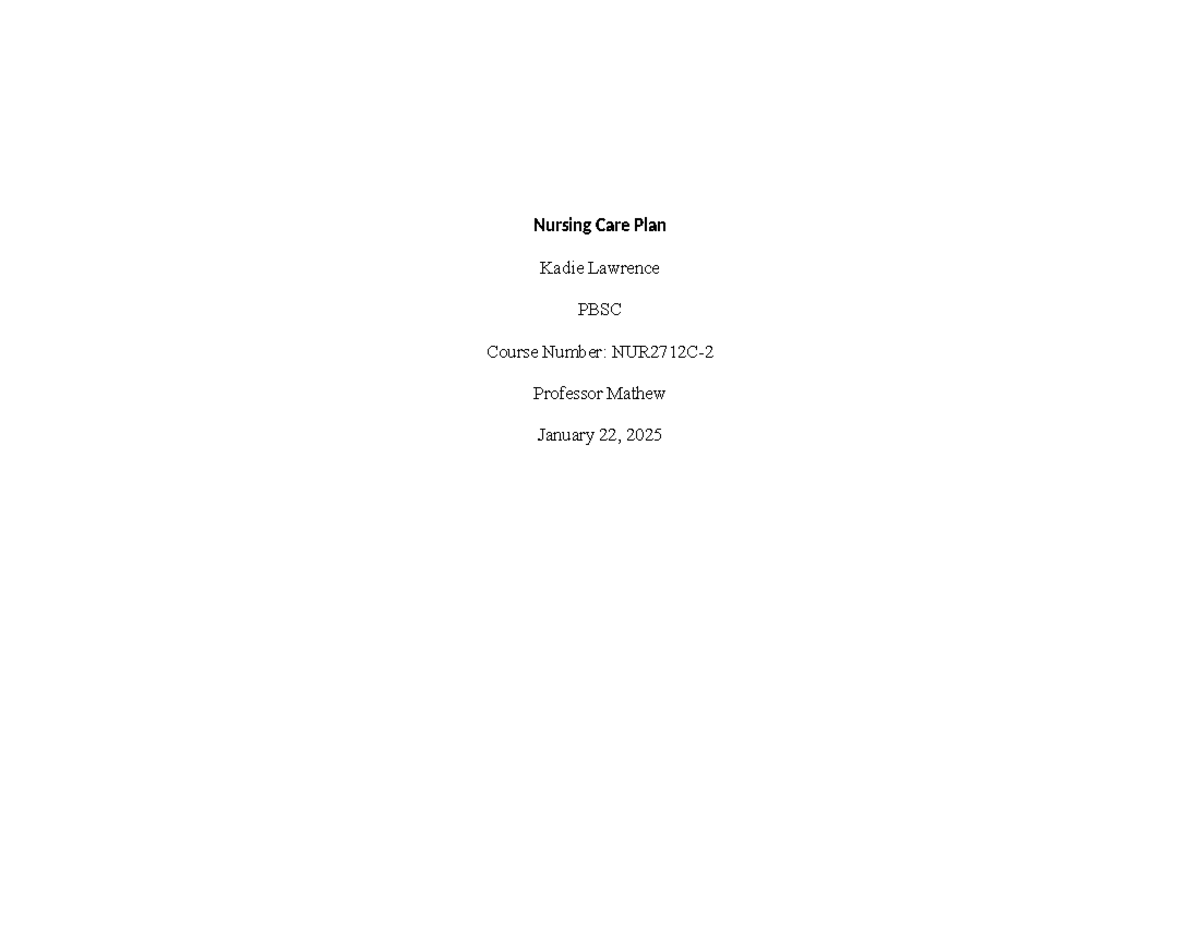 Nursing Care Plan for Patient G.H. - Septic Shock & Autism (PBSC) - Studocu