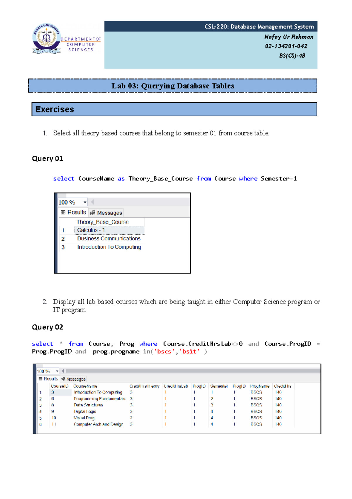 CSL-220: Lab 03 Queries for Database Management System - Studocu