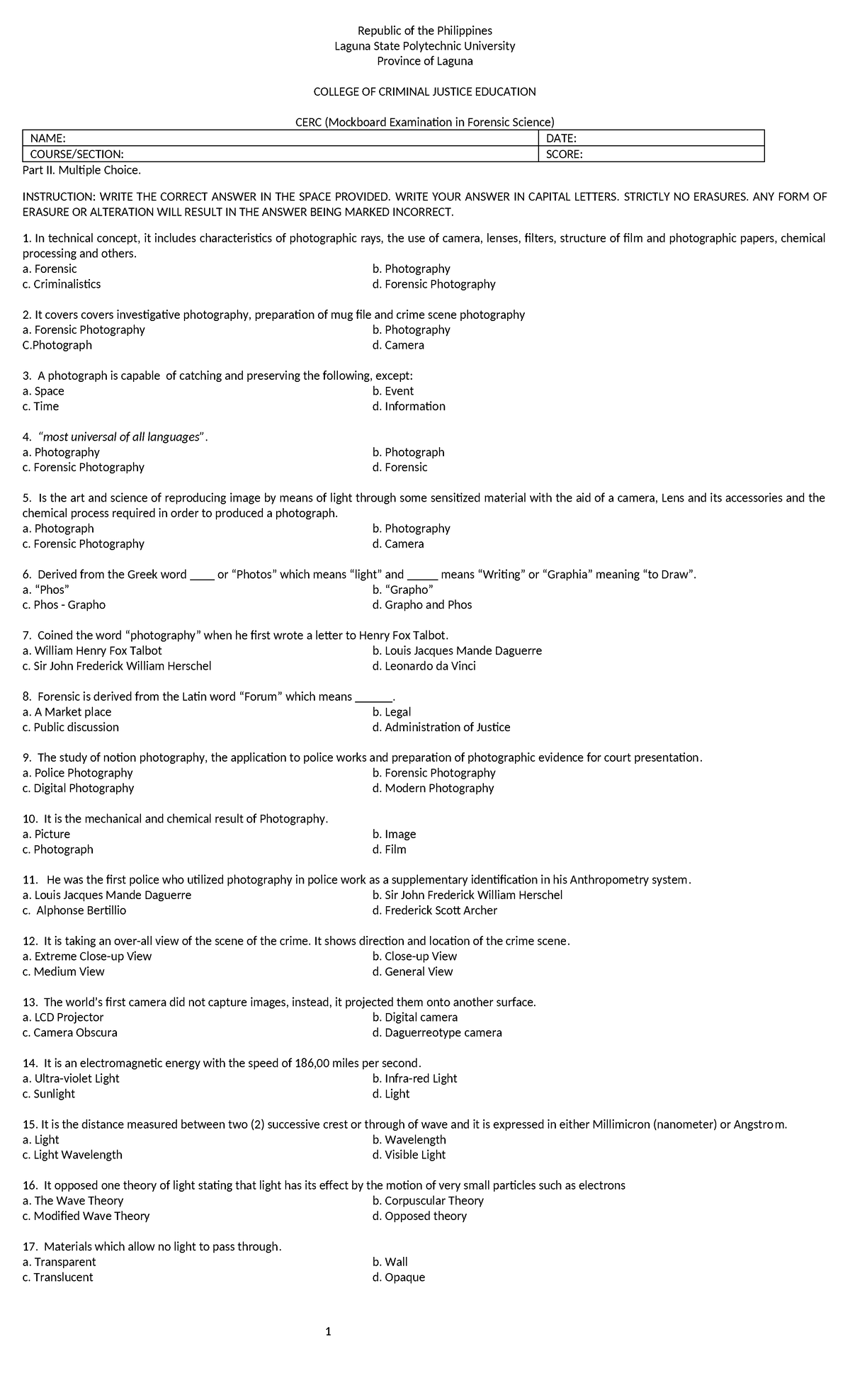 Forensic Science Mockboard Exam CERC - Multiple Choice Questions - Studocu