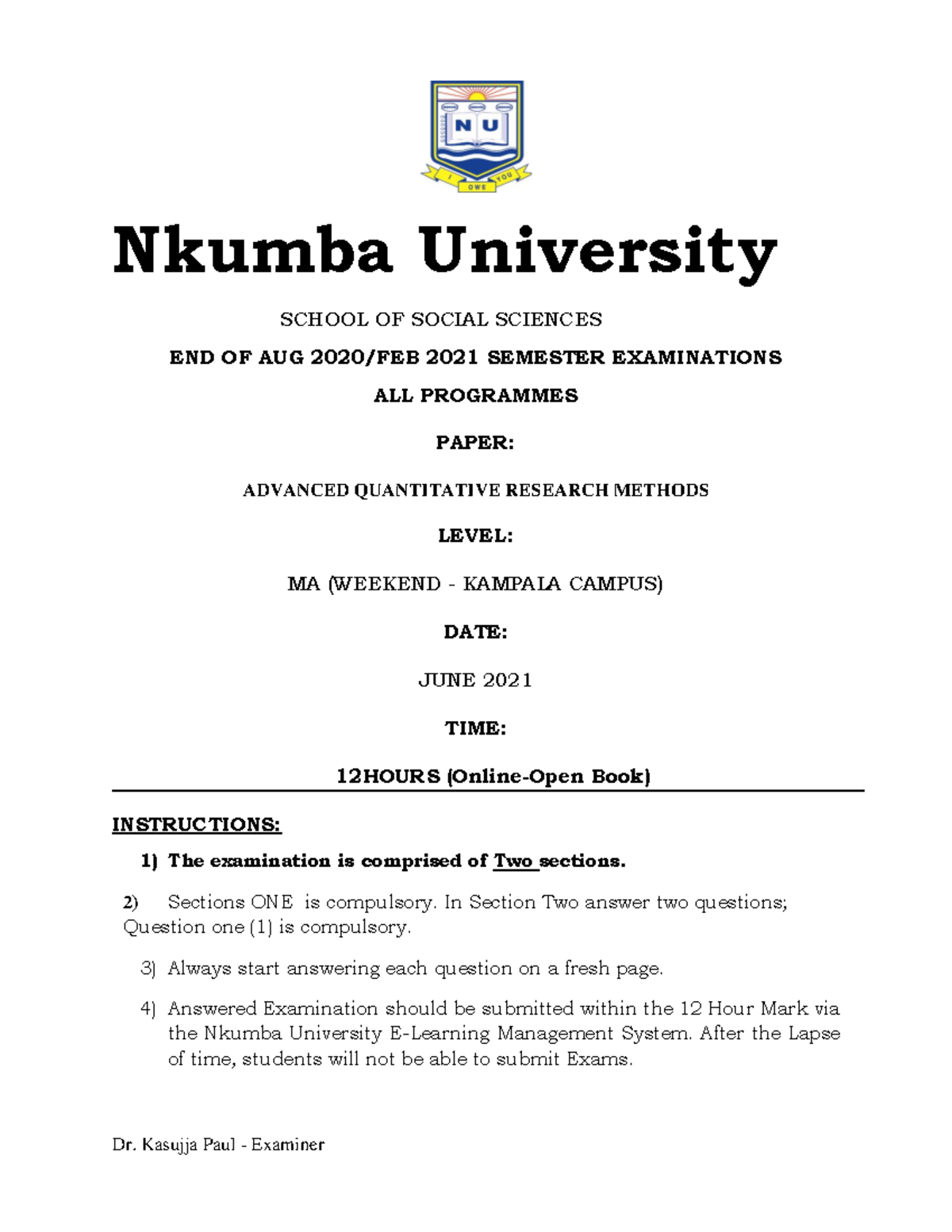 Advanced Quantitative Research Methods Exam - MA Weekend (Jun 2021 ...