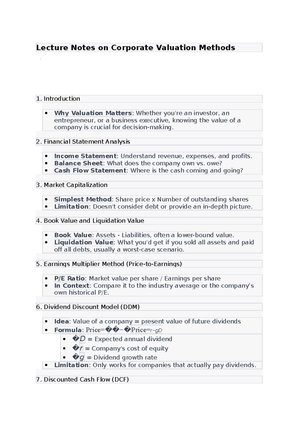 Corporate Valuation Lecture Notes: Key Methods & Concepts - Studocu
