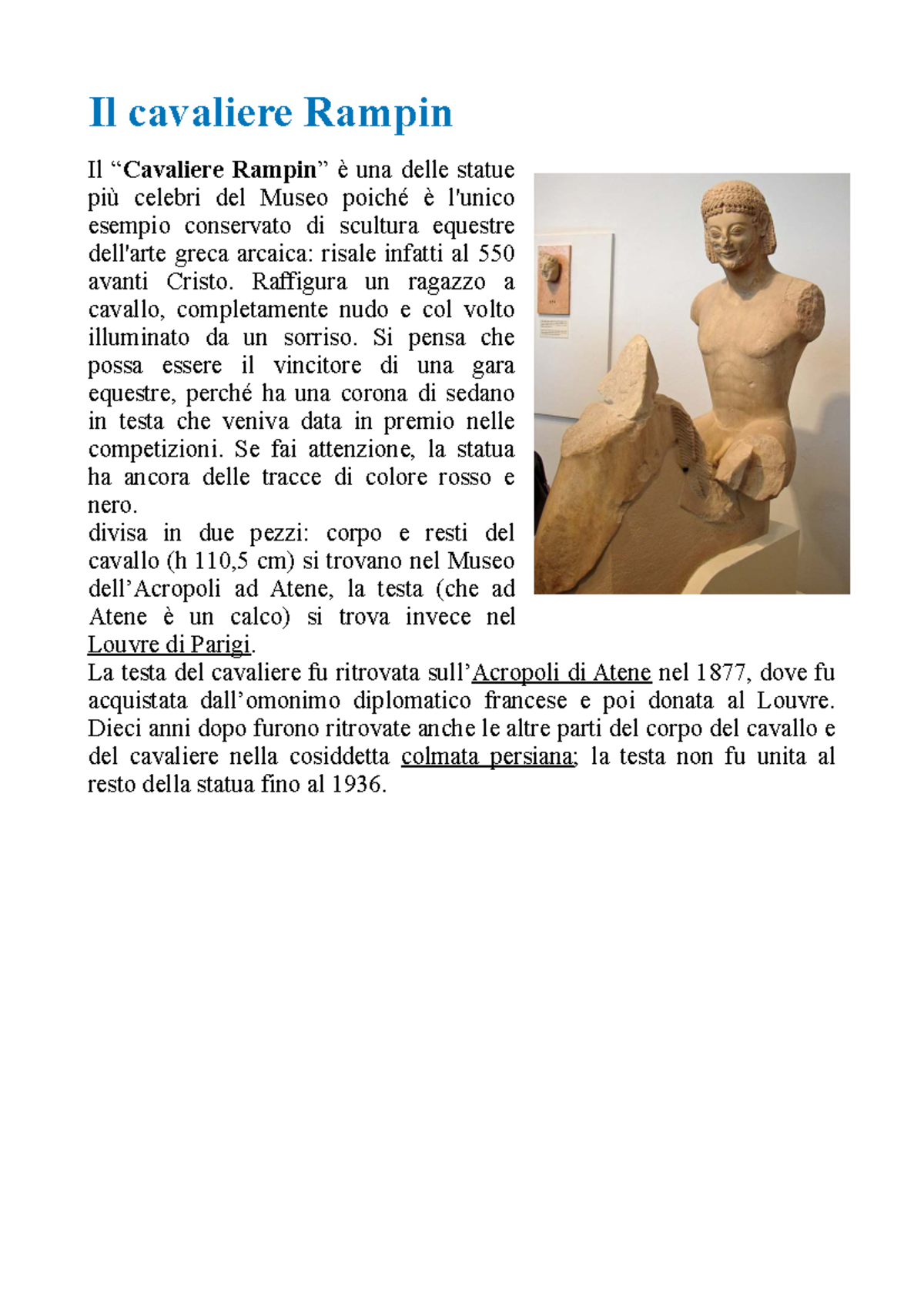 Il cavaliere Rampin: Statua Equestre Greca Arcaica - Studocu