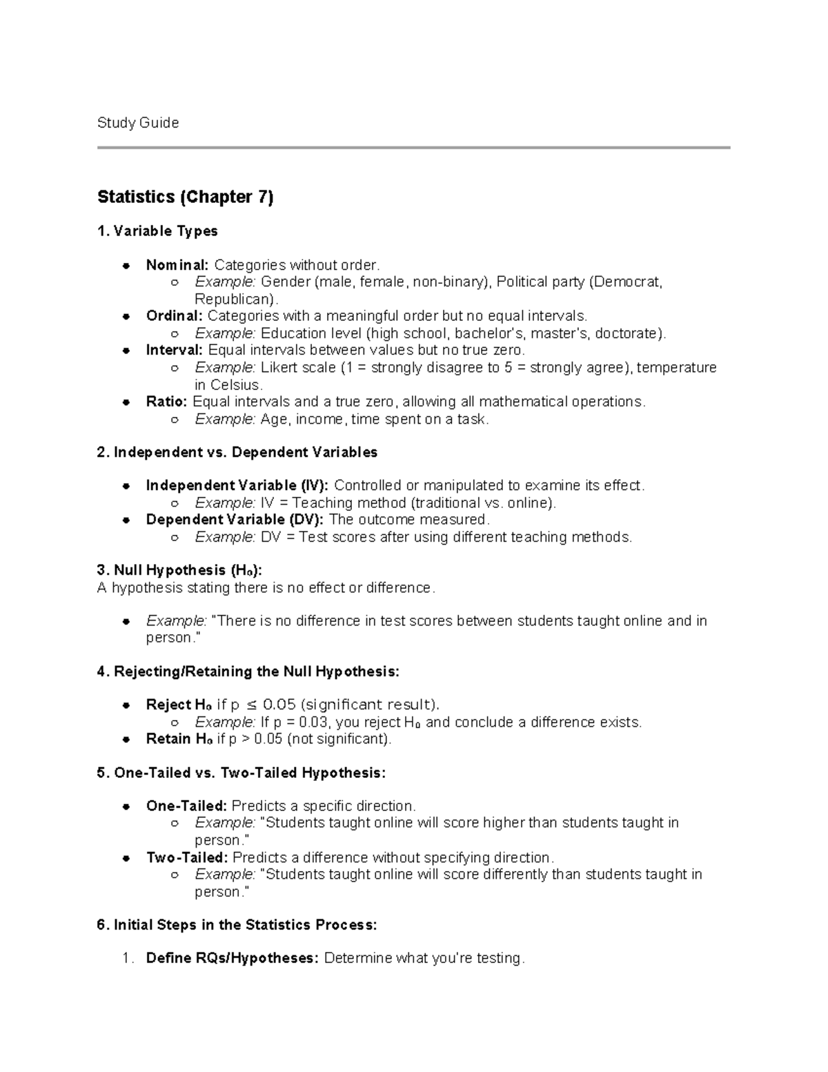 Statistics Study Guide (Chapter 7): Variable Types & Analysis ...