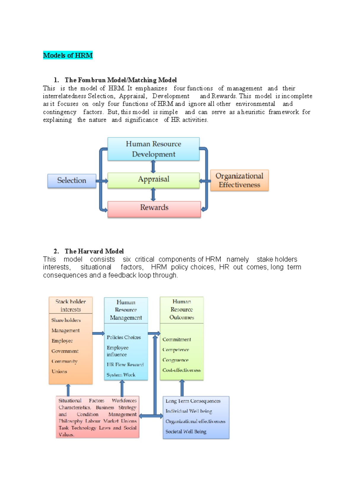 HRM Models Overview: Fombrun, Harvard, Guest, and Warwick Models - Studocu