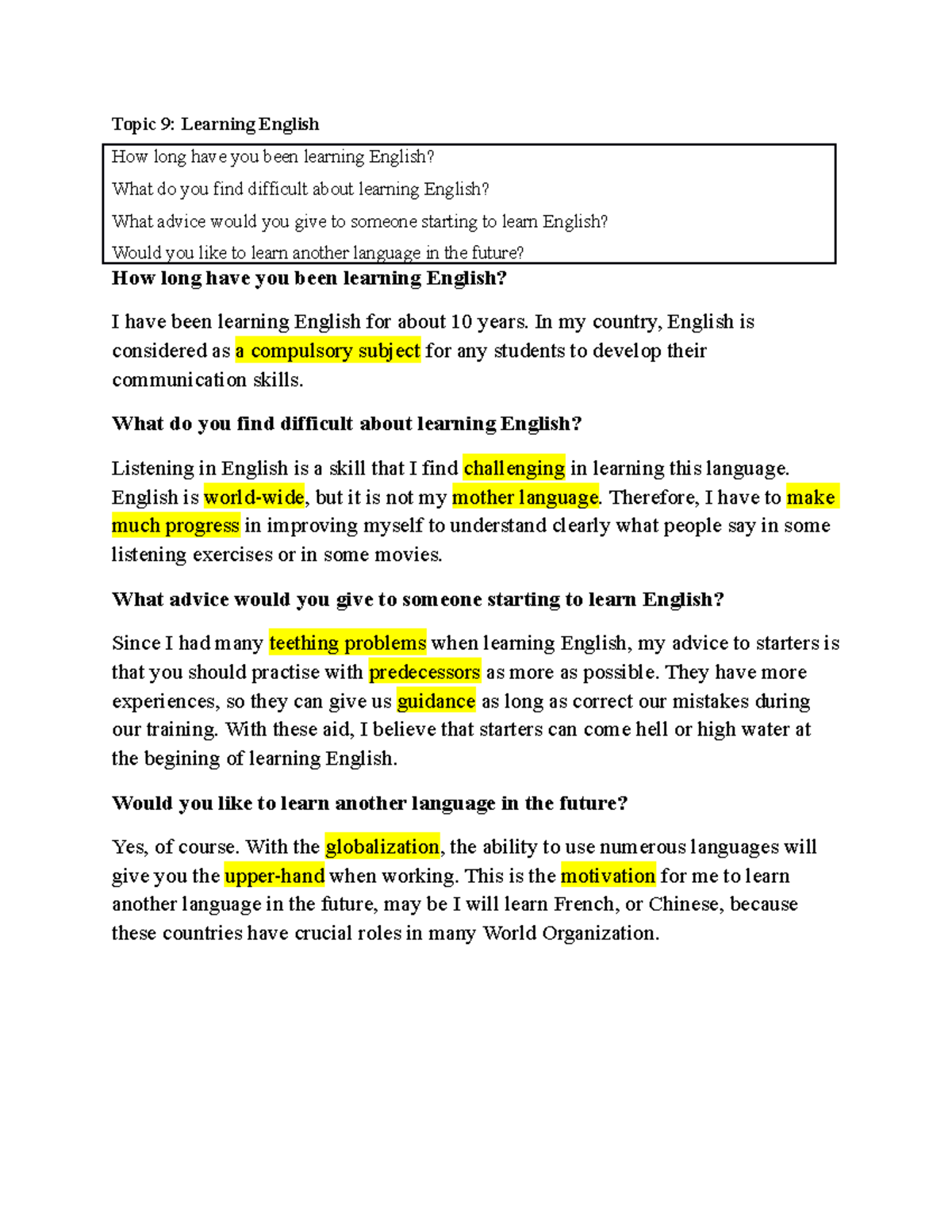 Topic 9 - I hope you can practice well! - Topic 9: Learning English How ...