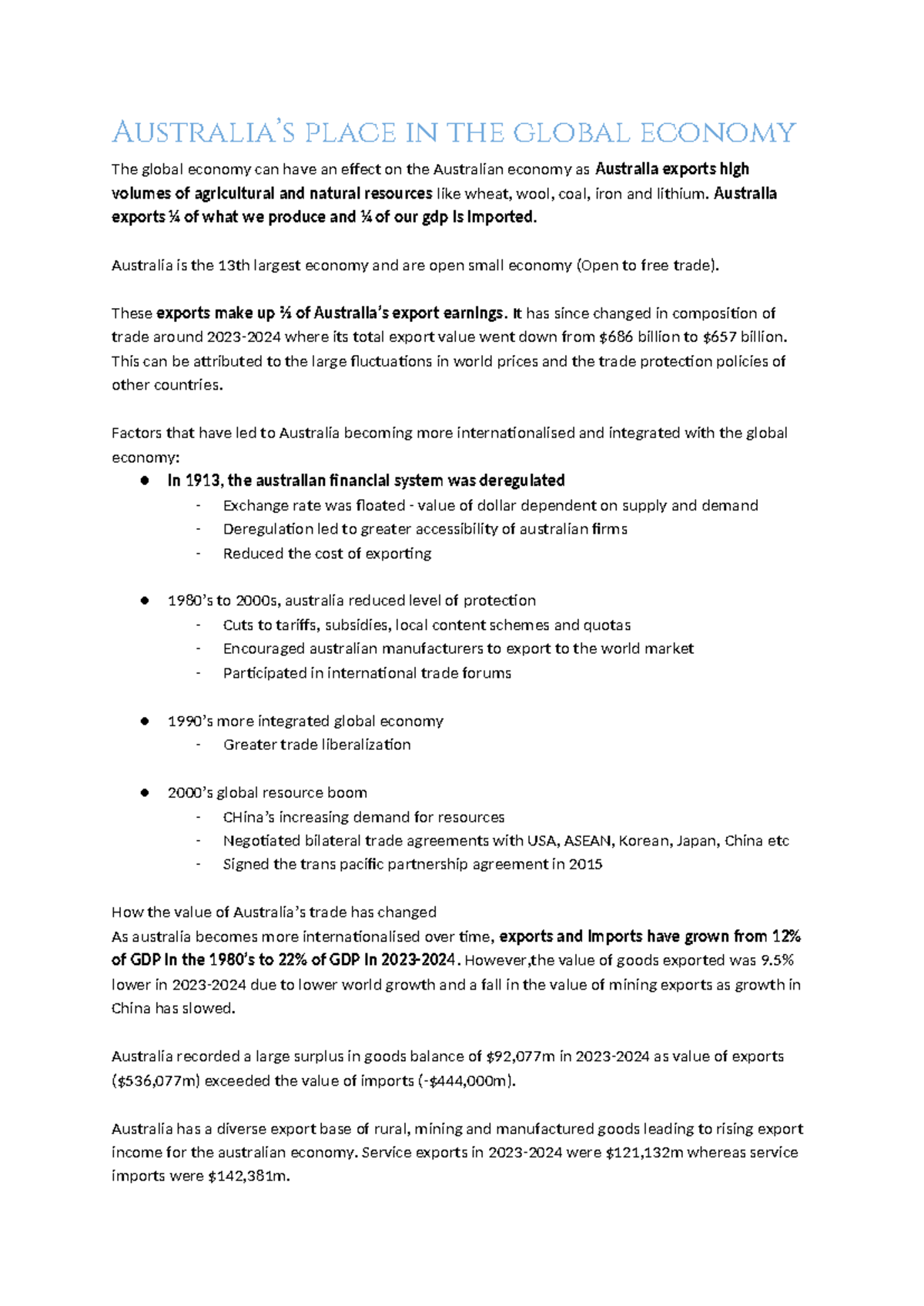 Economics Yr 12 Study Notes: Topic 2 - Australia's Role in the Global ...