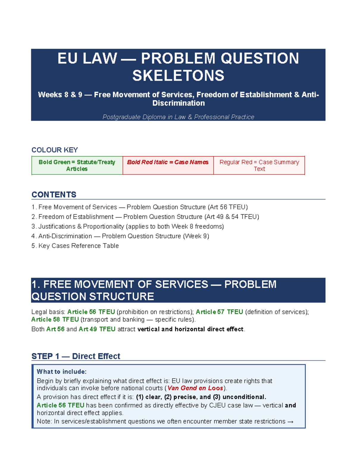EU LAW W8-9 PROBLEM QUESTION SKELETONS: Free Movement & Anti ...