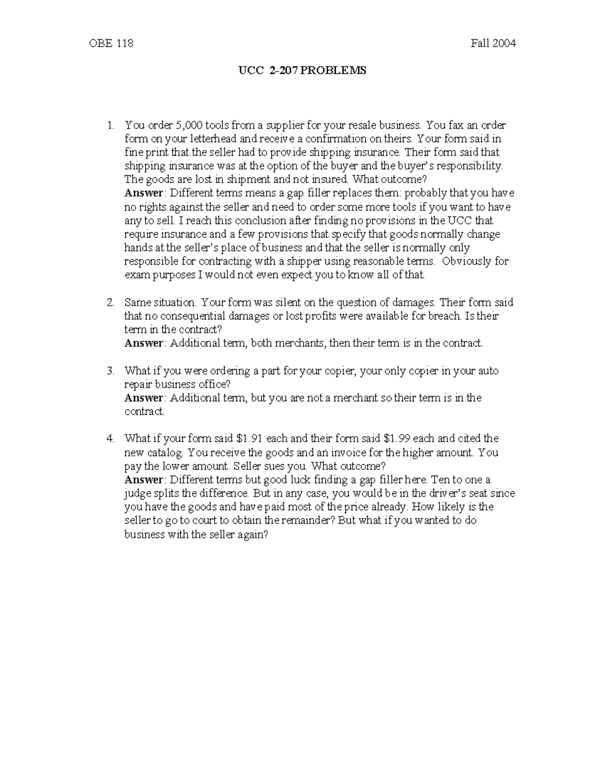 UCC 207 Problems: Analysis and Outcomes for Contract Issues - Studocu