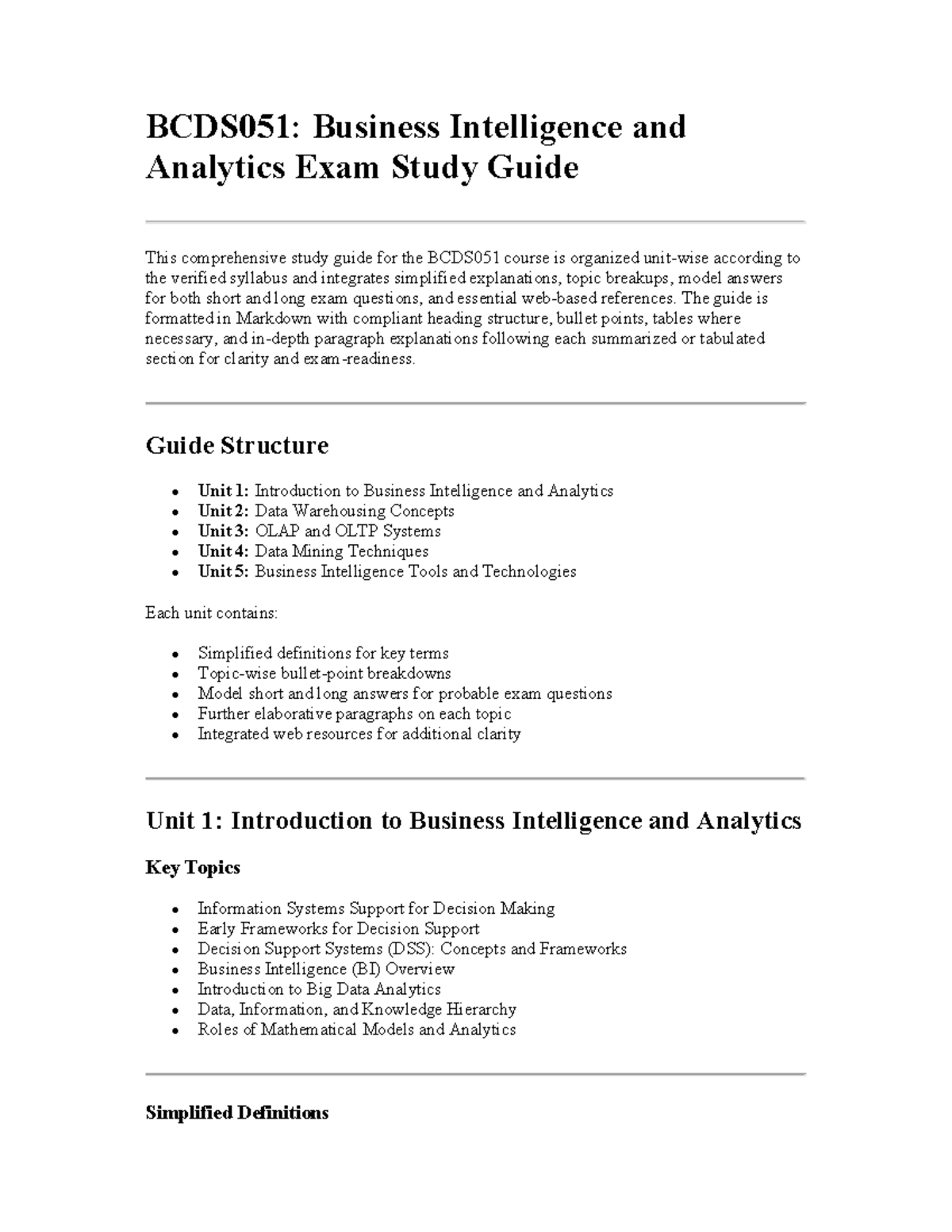 BCDS051: Business Intelligence & Analytics Exam Study Guide - Studocu