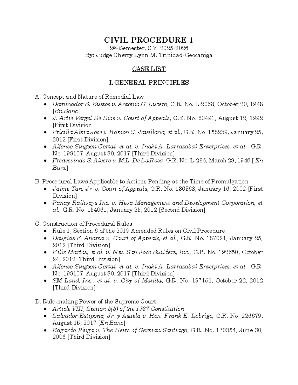 CIVIL PROCEDURE 1 Case List: General Principles and Key Cases - Studocu