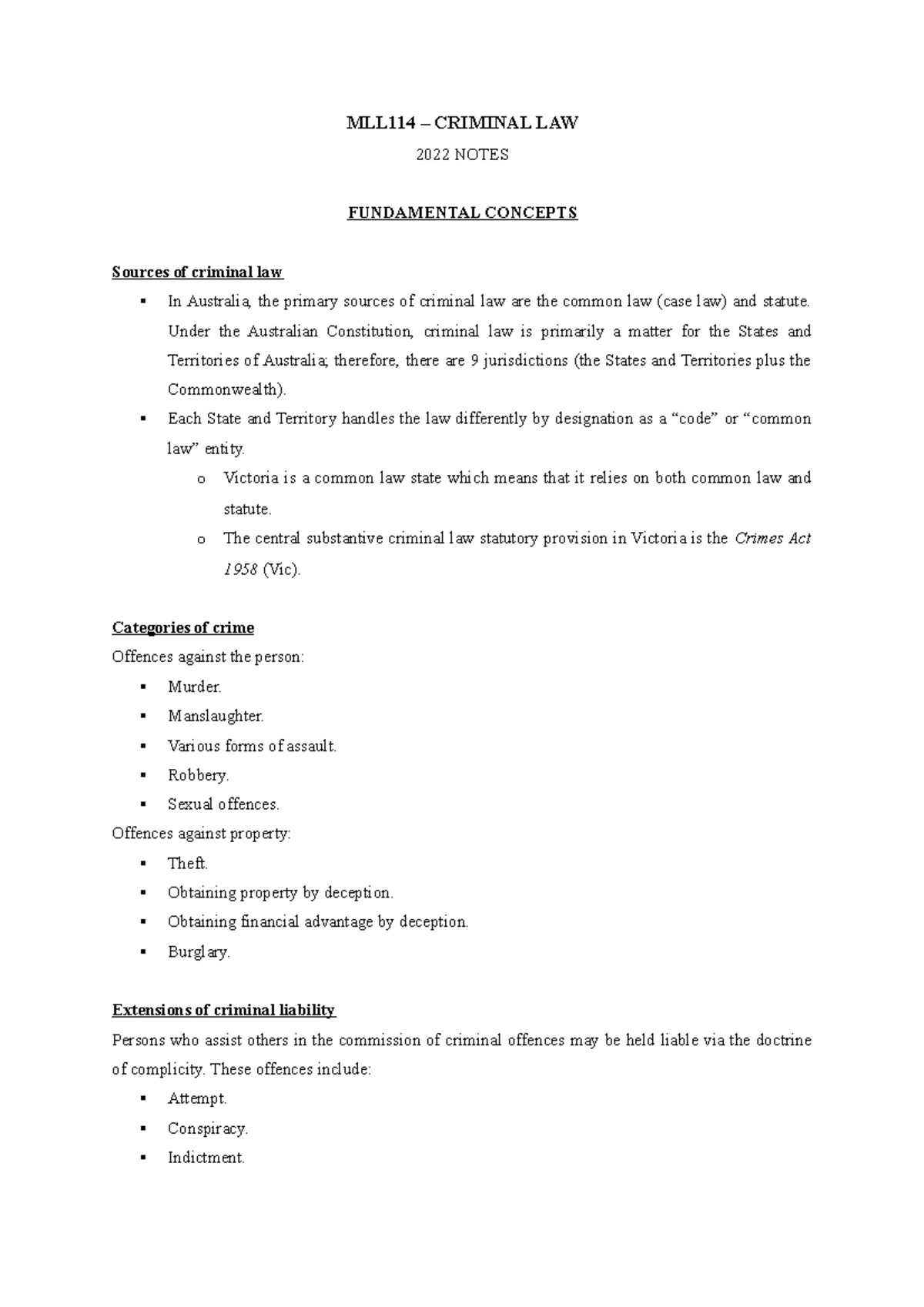 MLL114 Criminal Law Lecture Notes - Key Concepts & Case Law Analysis ...