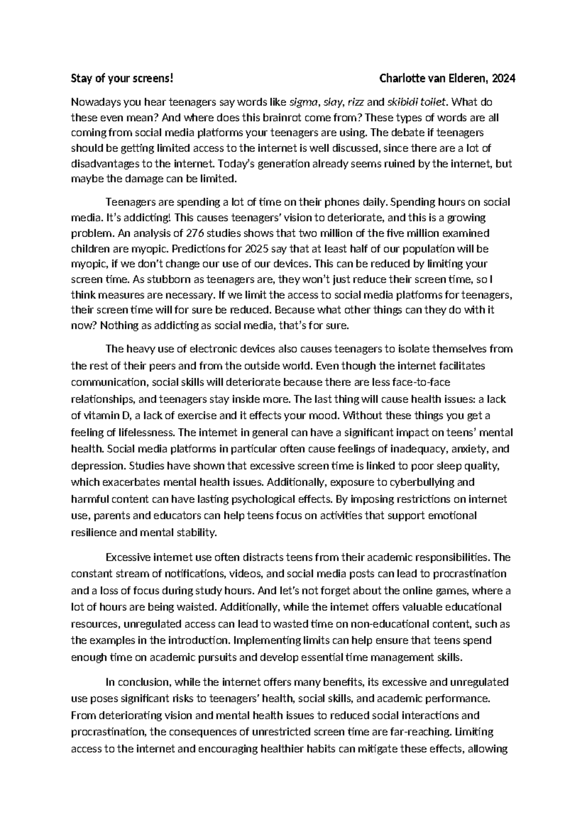 Engels Essay: Limiting Screen Time for Teenagers in 2024 - Studeersnel