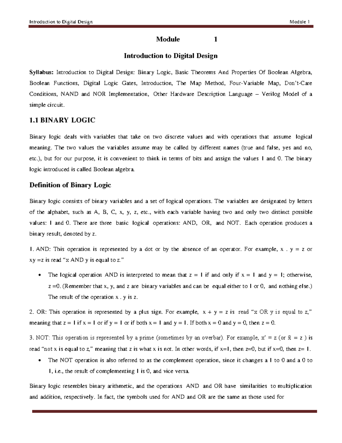 Digital Design DD&CO: Module 1 Notes on Boolean Algebra and Logic Gates ...