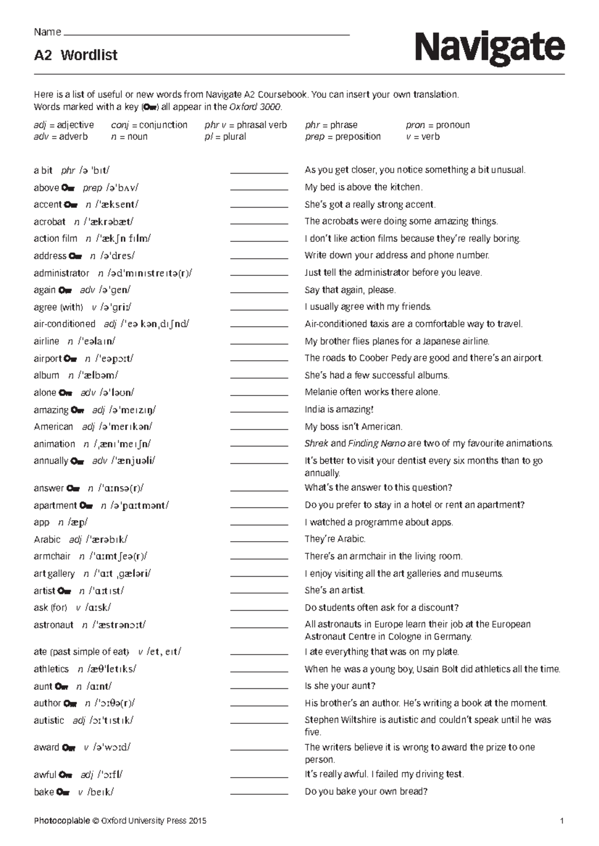 A2 Vocabulary Word List: Essential Terms from Navigate Coursebook - Studocu