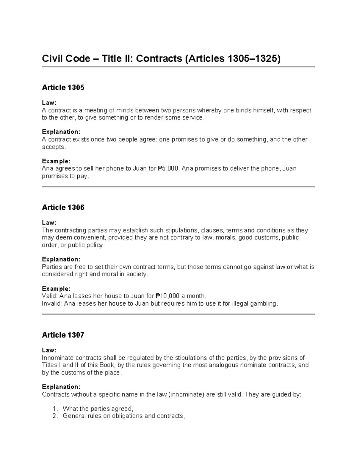Civil Code Title II: Contracts Overview and Key Articles - Studocu