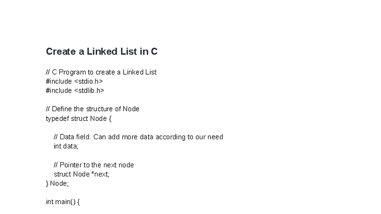 Data Structures: C Program for Creating a Linked List - Studocu