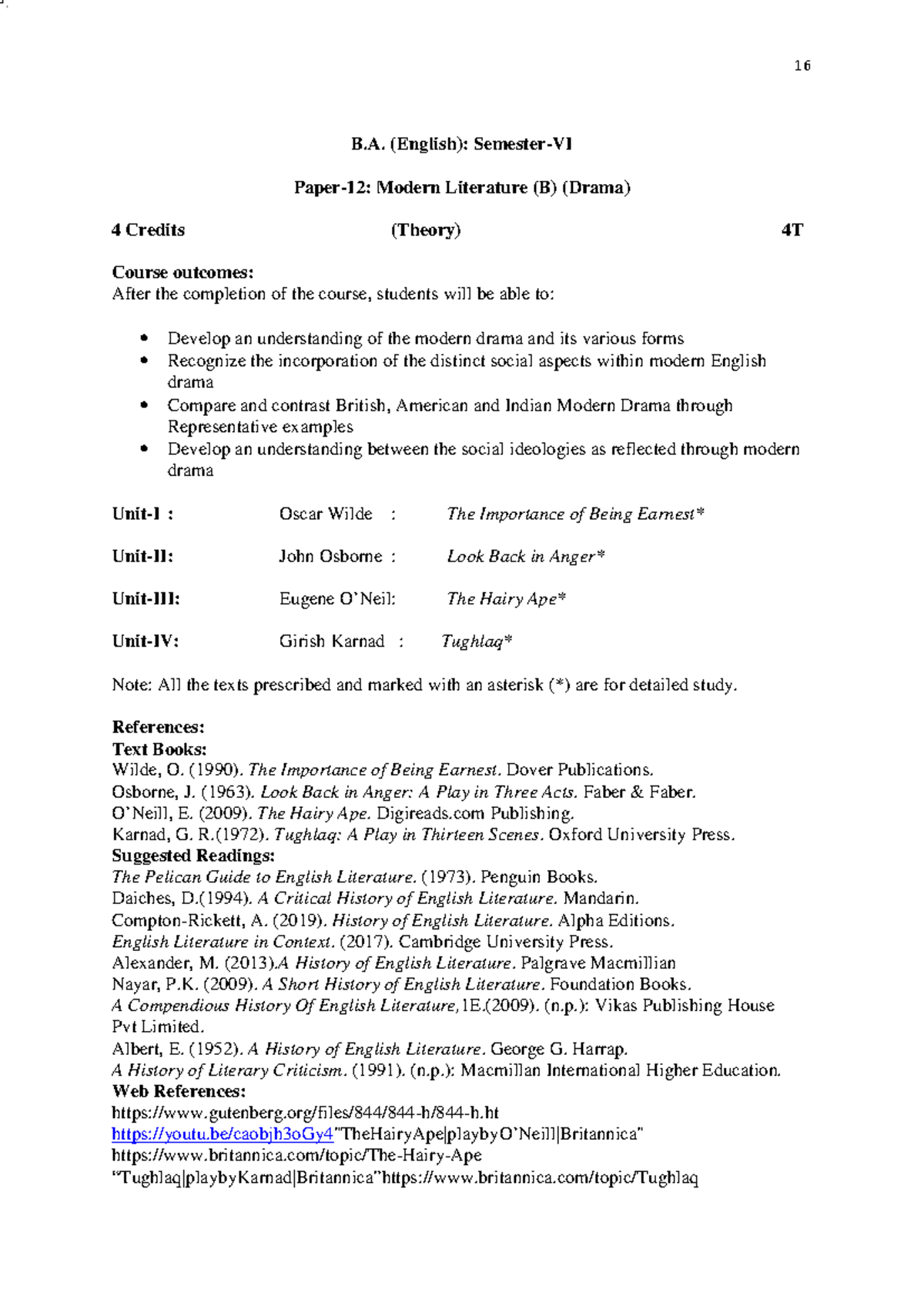16 B.A. (English): Modern Drama Syllabus & Course Outcomes - Studocu