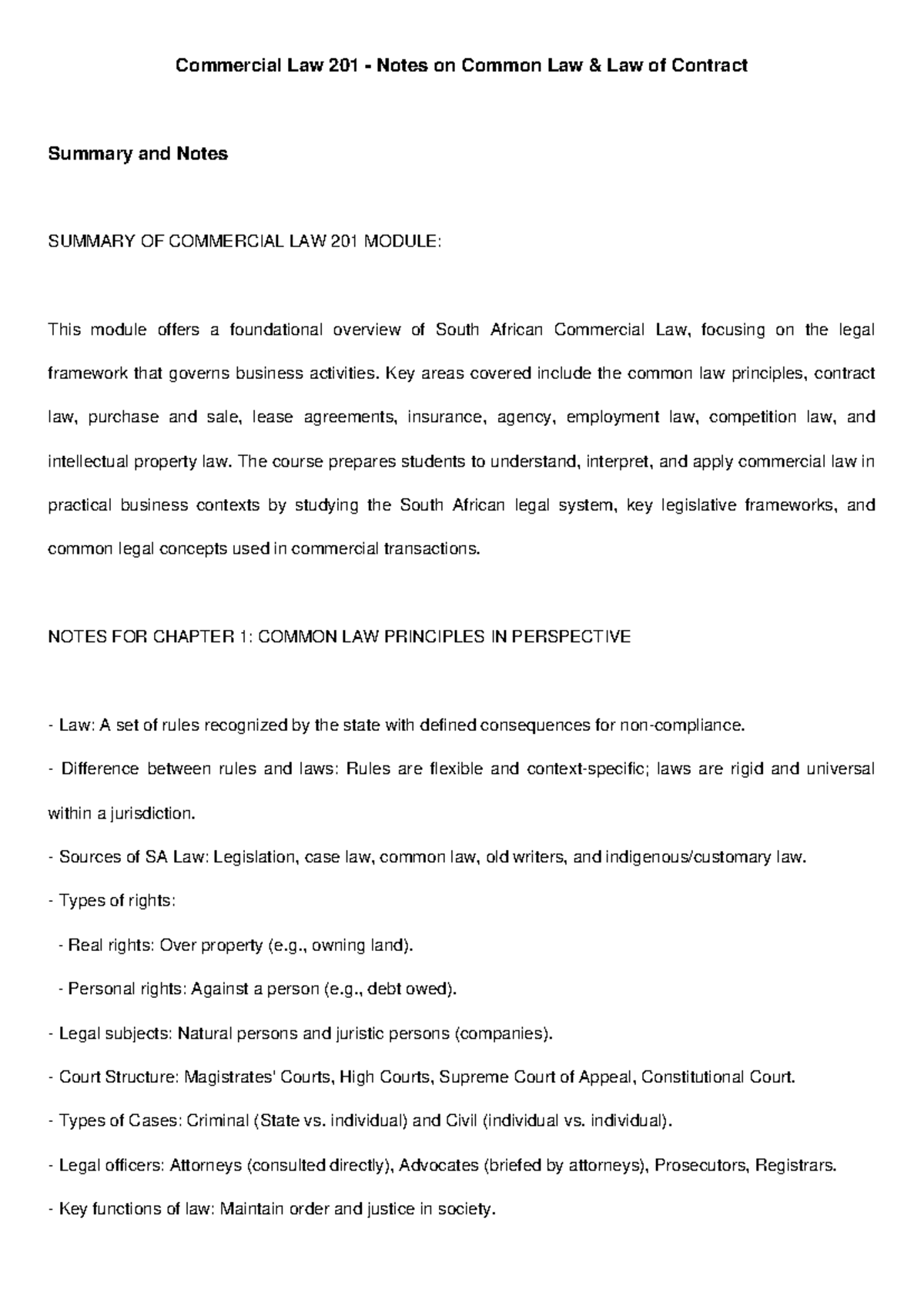 Commercial Law 201 Final Exam Notes on Common Law & Contract Law - Studocu