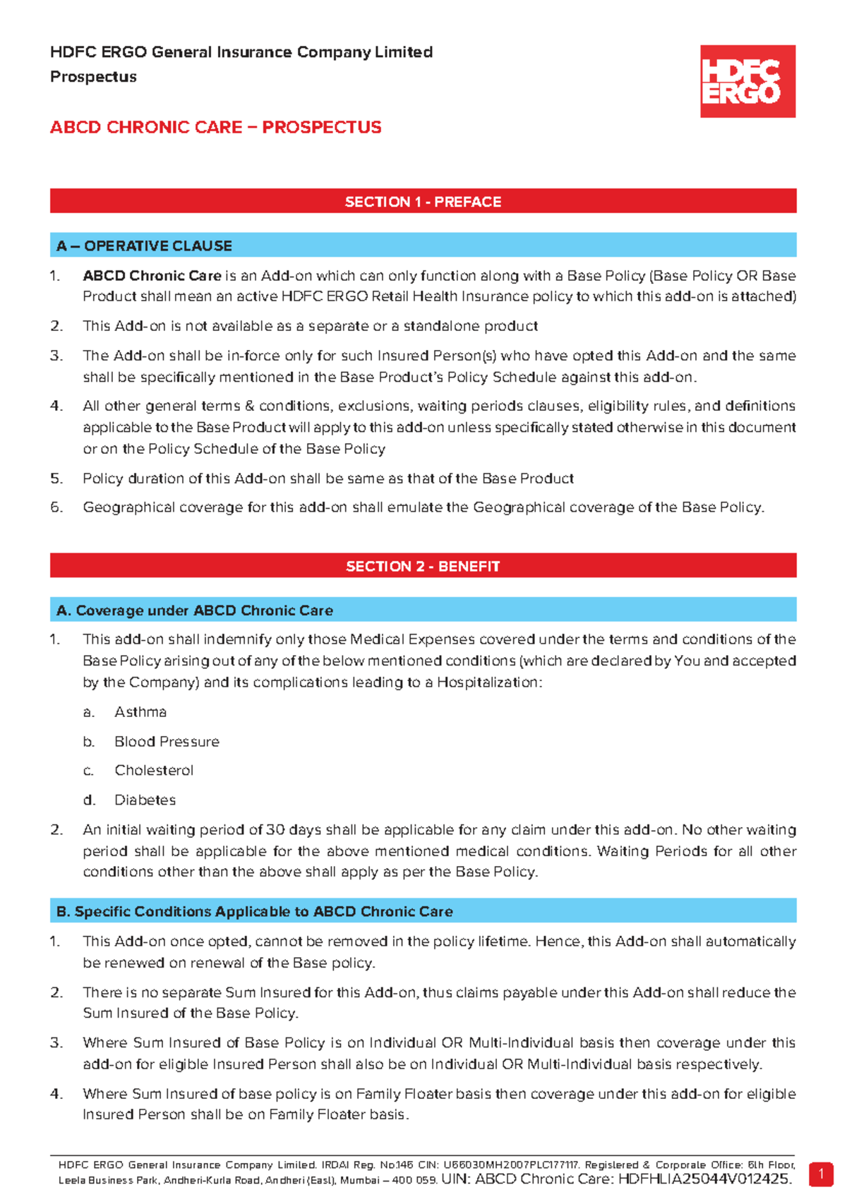 ABCD Chronic Care Prospectus - HDFC ERGO General Insurance - Studocu