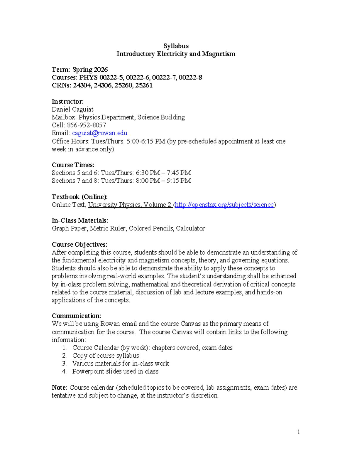 Electricity and Magnetism Syllabus PHYS Spring 2026 - Studocu
