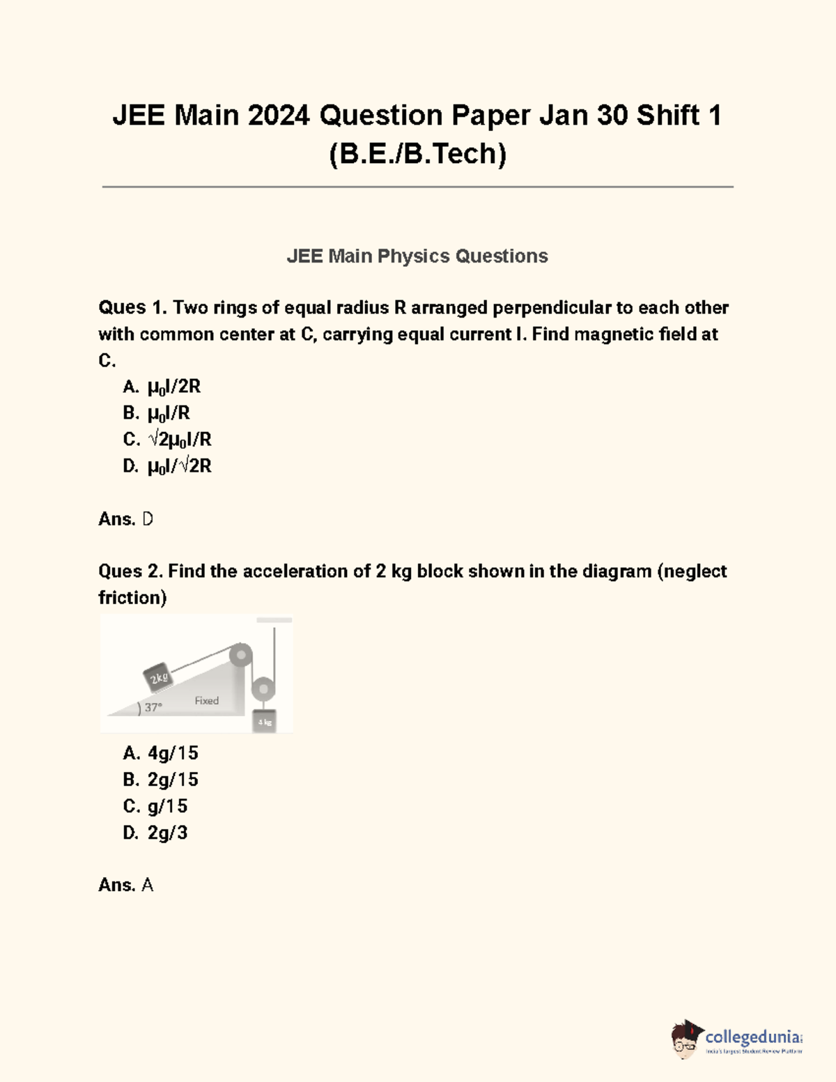 JEE Main 2024 Jan 30 Shift 1 PYQ: Physics, Chemistry, Mathematics - Studocu