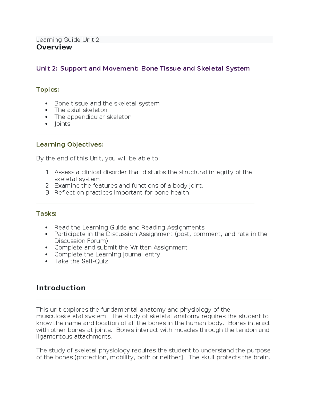 Learning Guide Unit 2: Support & Movement in Skeletal System - Studocu