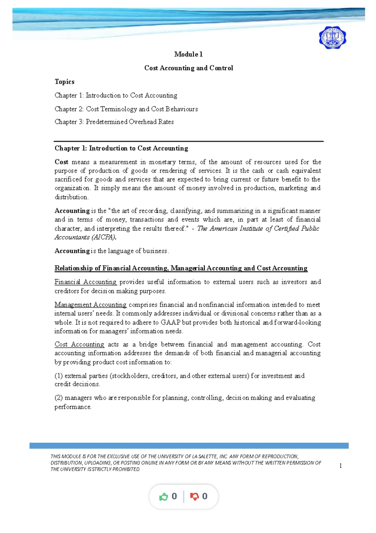 Cost Accounting and Control (Module 1): Chapters 1-3 Overview - Studocu