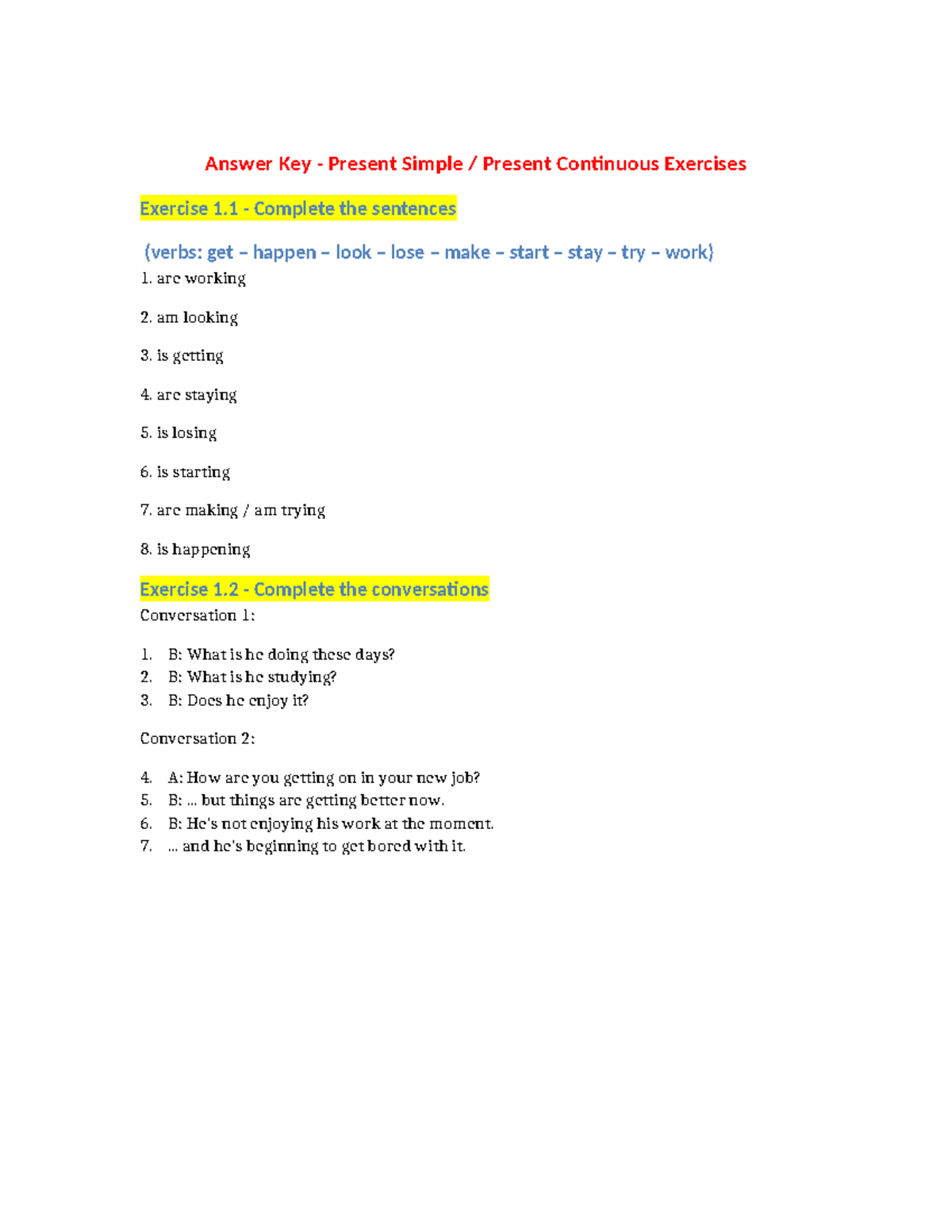 Answer Key: Present Simple & Continuous Exercises (Grammar for Writing ...