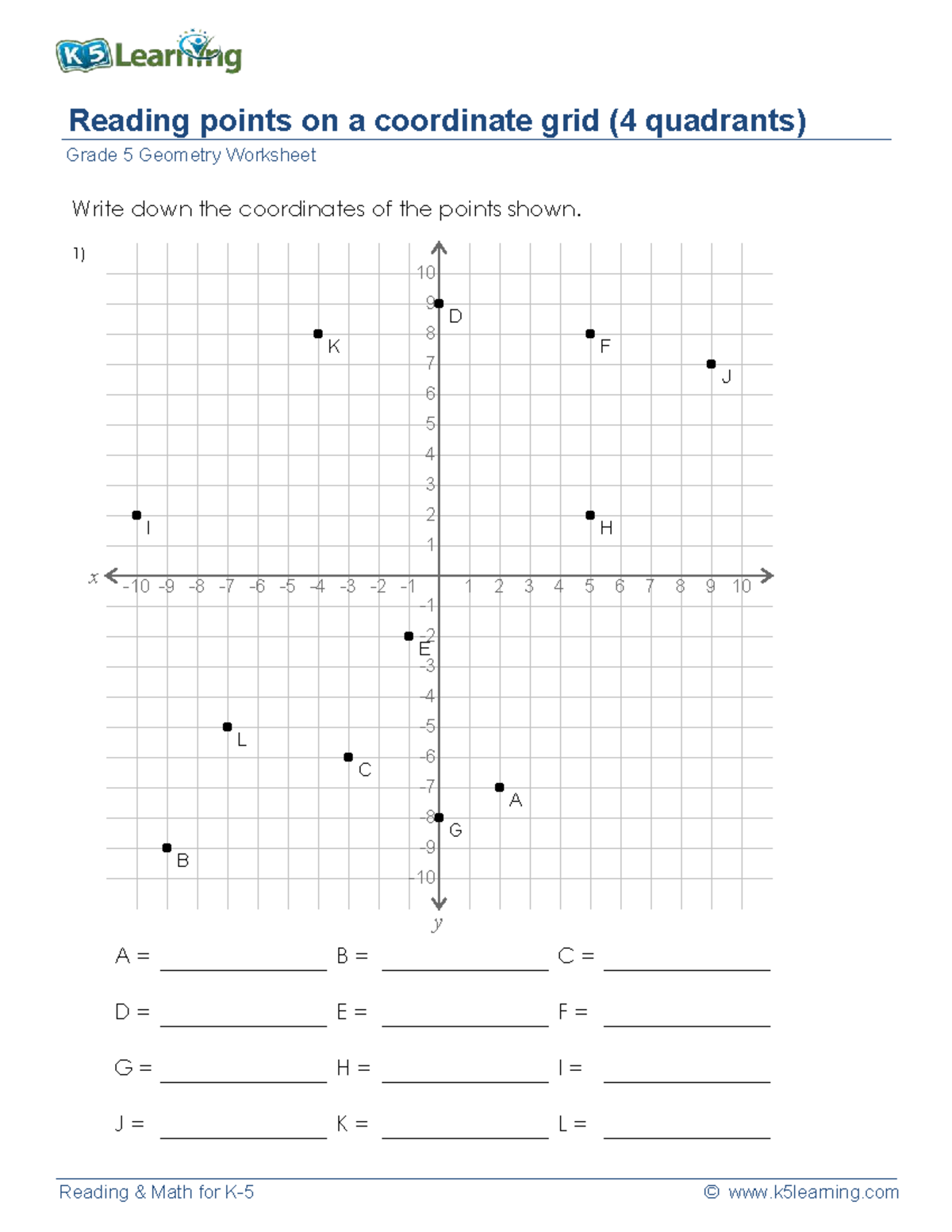 Grade 5 Geometry Worksheet: Reading Points on a Coordinate Grid (4Q ...