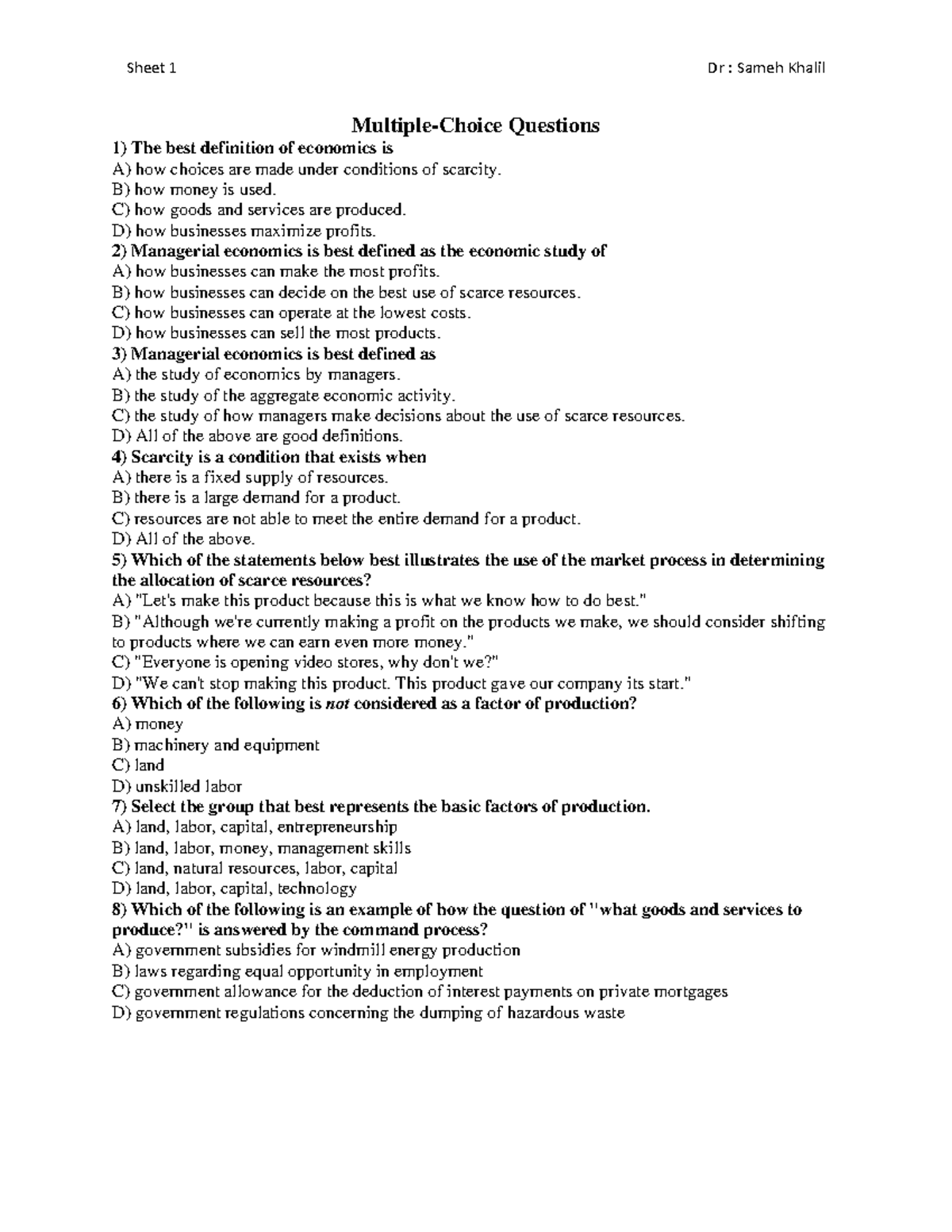 Sheet 1 ECON 101 Final Exam Review - Dr. Sameh Khalil Questions - Studocu