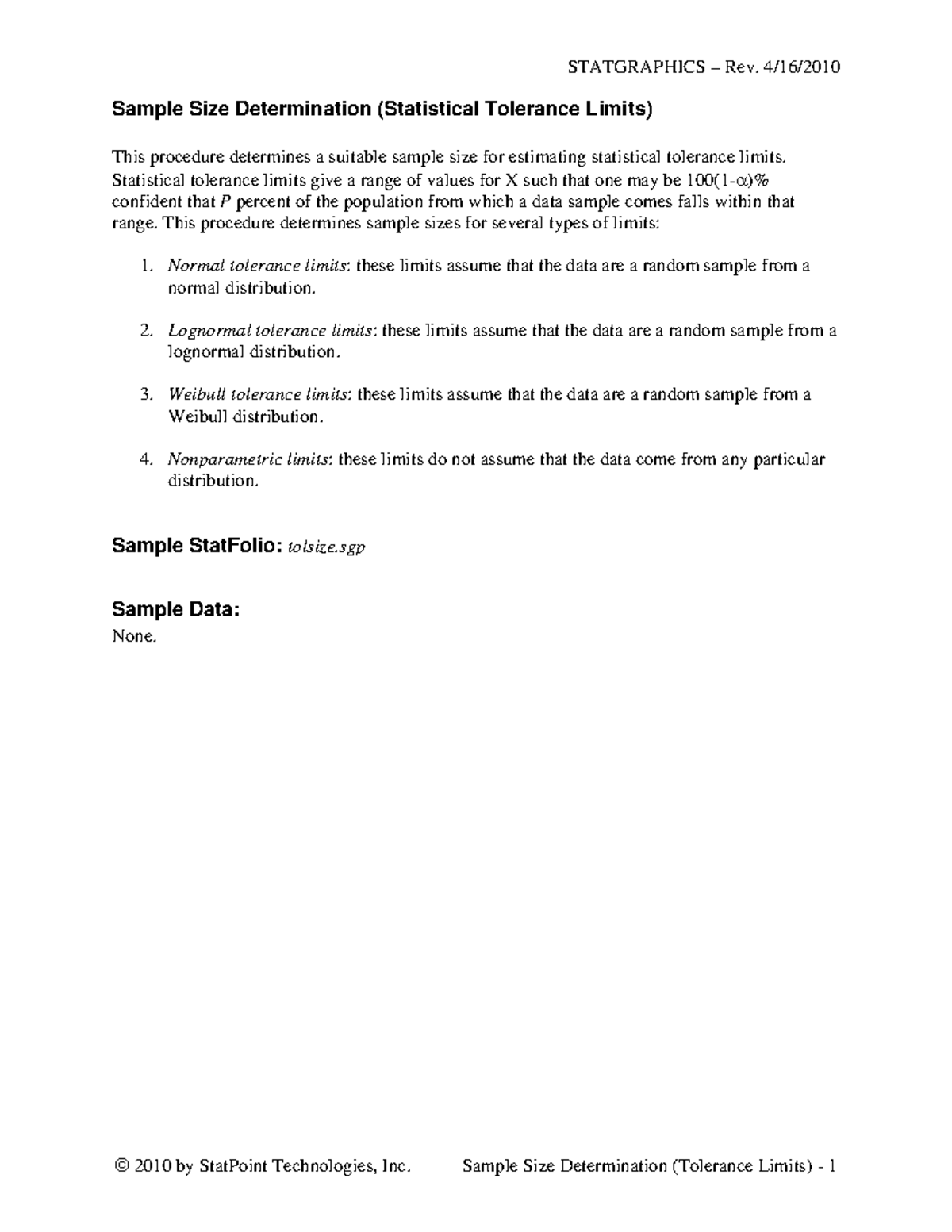STATGRAPHICS Rev. Sample Size Determination for Tolerance Limits - Studocu