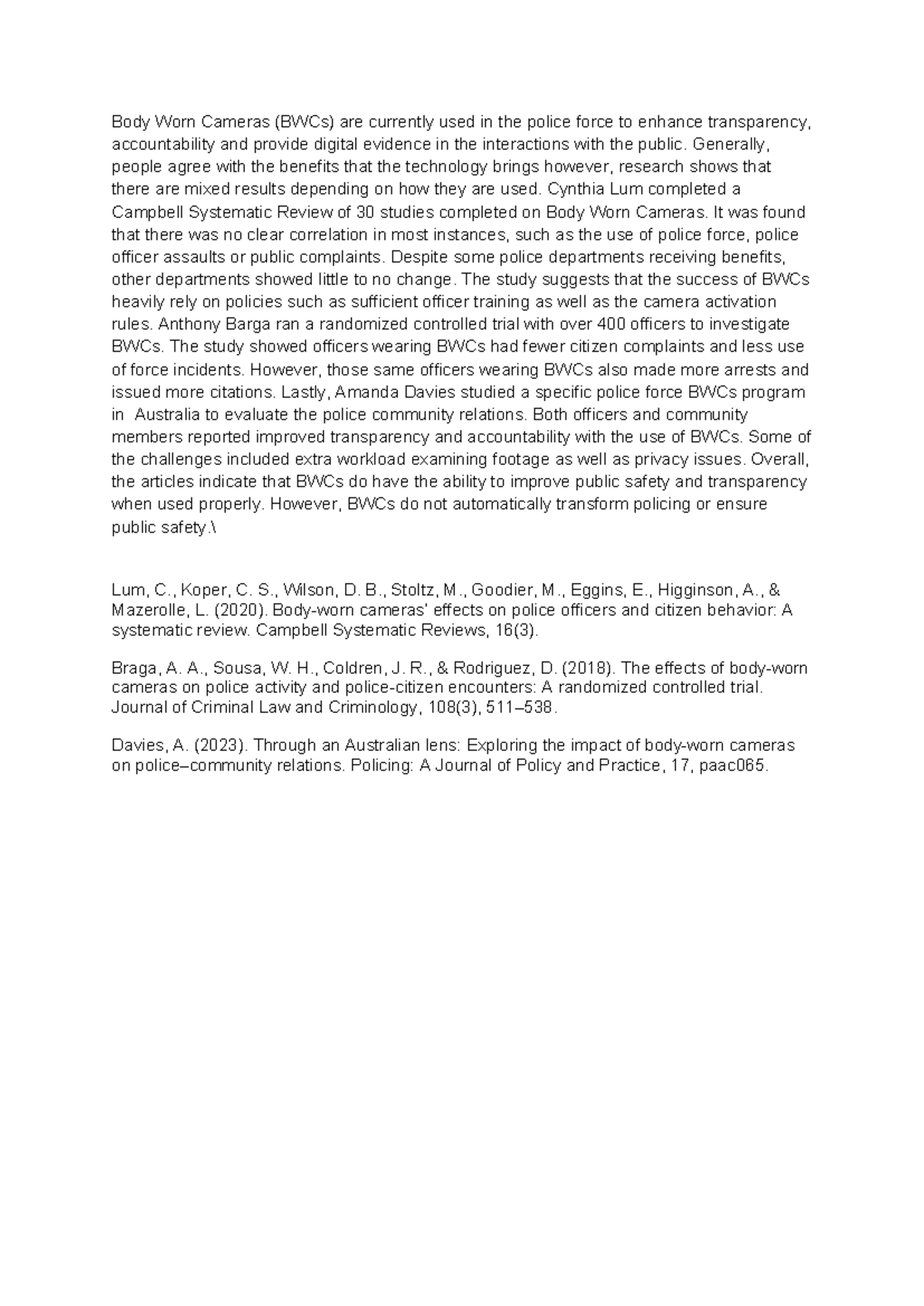 BWCs in Policing: A Systematic Review & Impact Analysis - Studocu