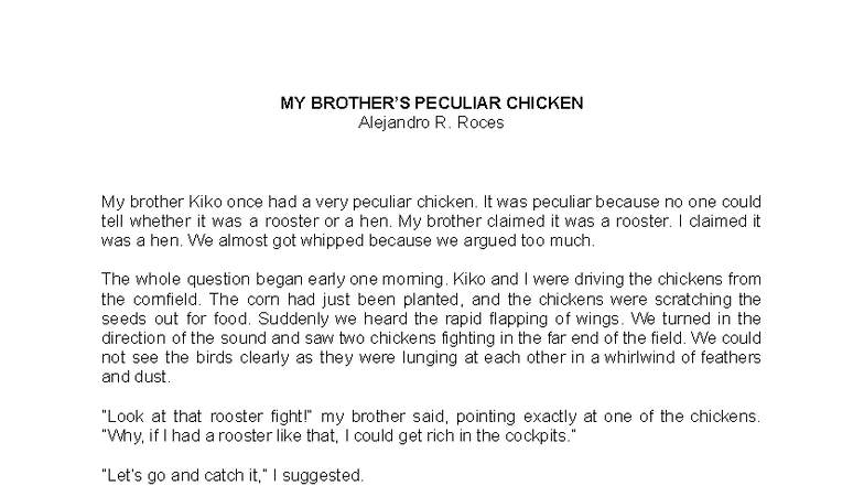 ENG 101: My Brother's Peculiar Chicken Story - Studocu
