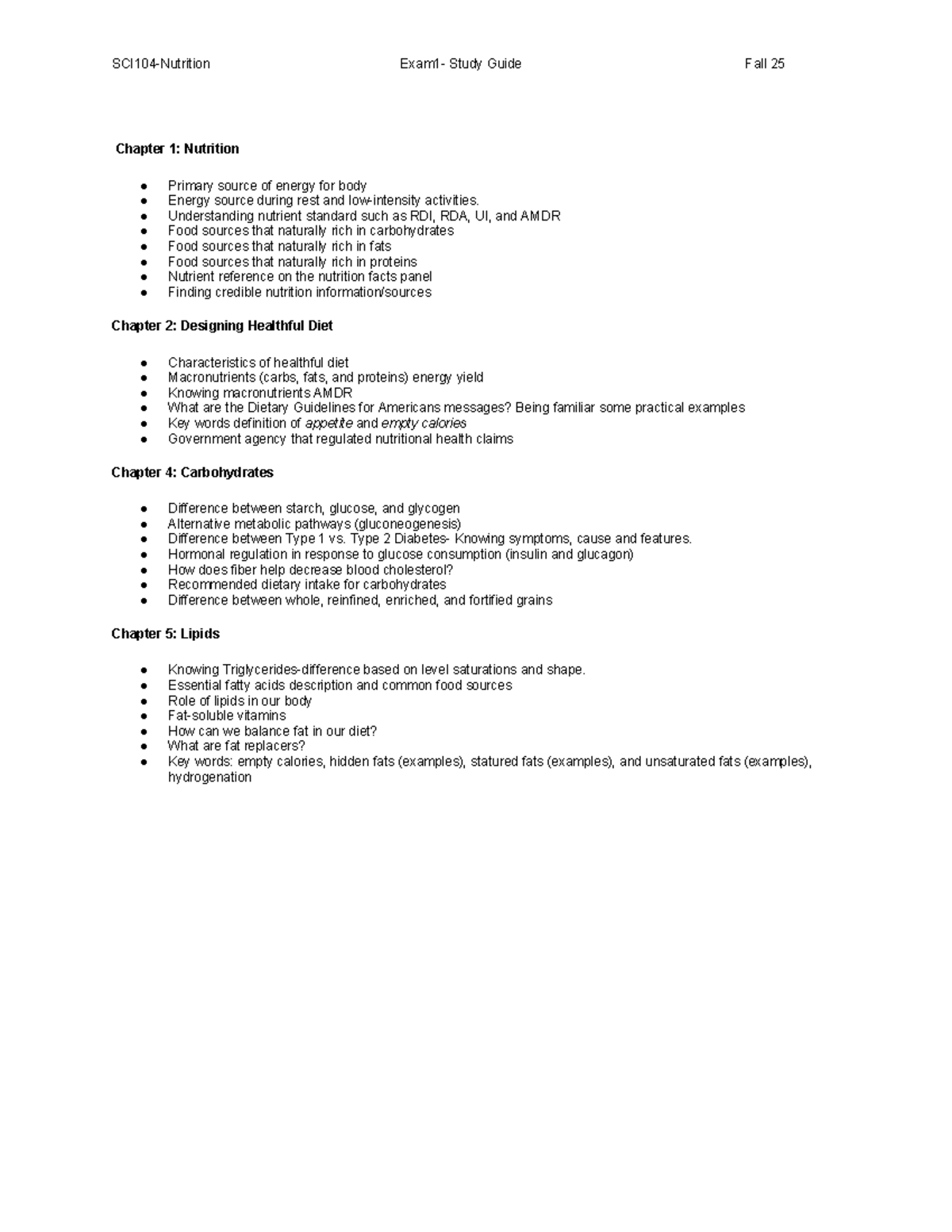 SCI104 Nutrition Exam 1 Study Guide - Fall 2025: Key Concepts ...